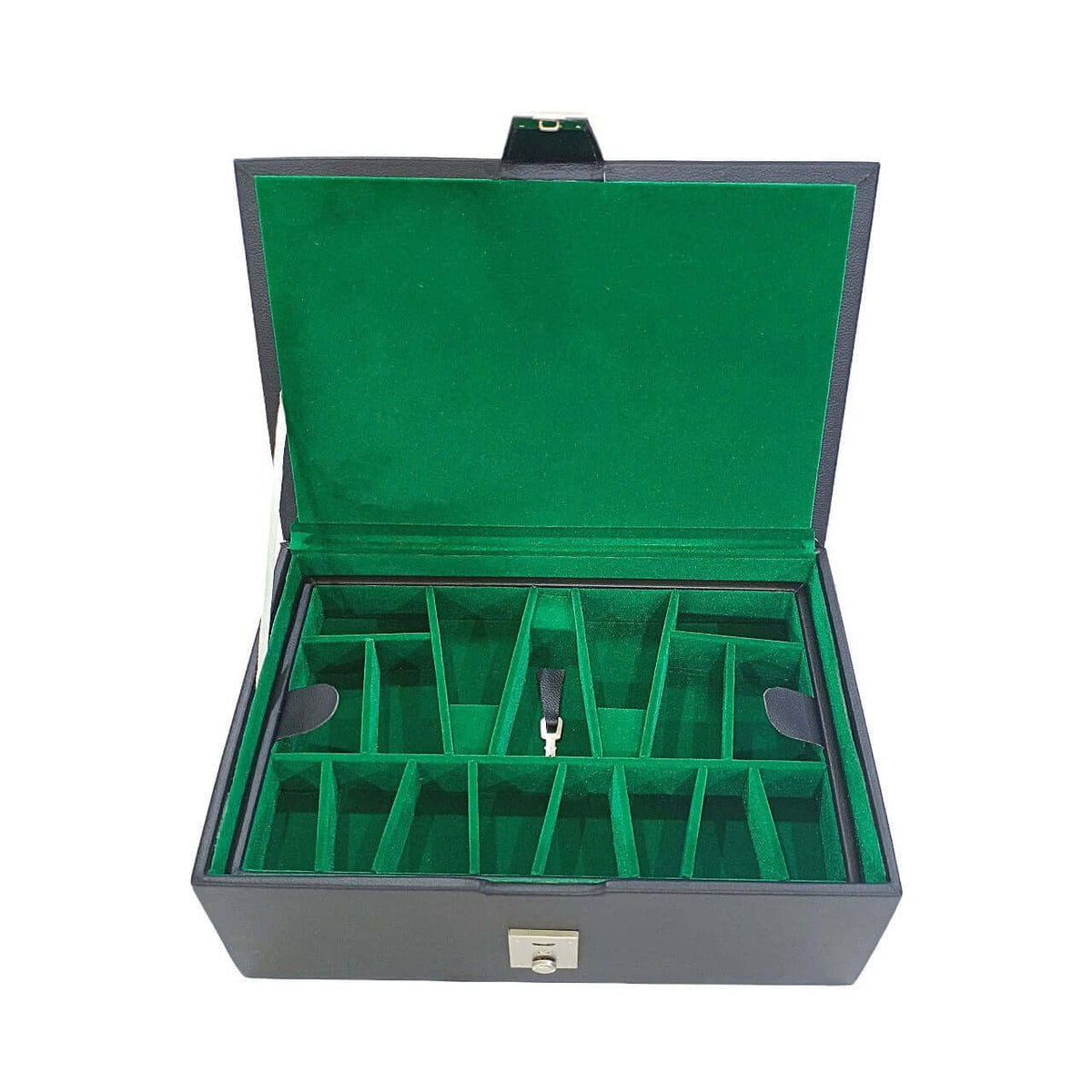 Leatherette chess storage box open with green velvet lining and dual tray compartments for organized piece storage.