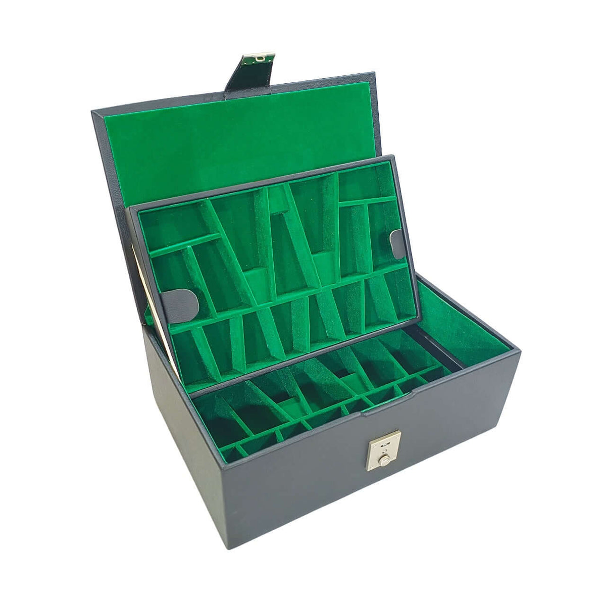 Leatherette chess storage box with dual tray design, open, green velvet interior, 9x14x5 inches, fits 4-inch king.