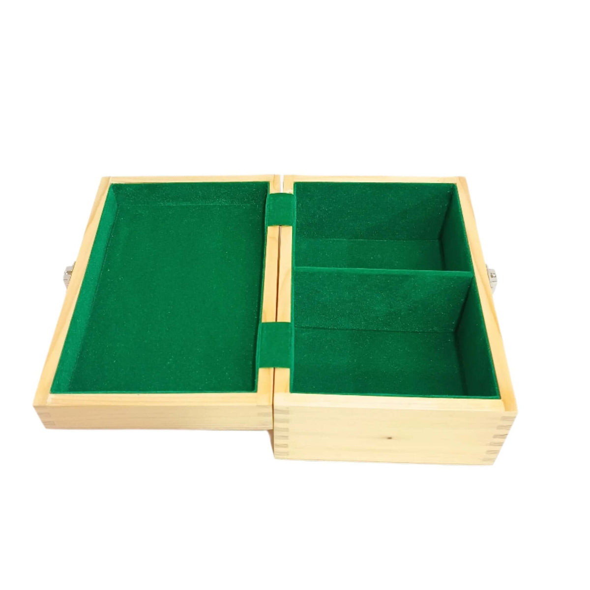 Open pine wood chess storage box with a soft green velvet interior, featuring two compartments for chess pieces.