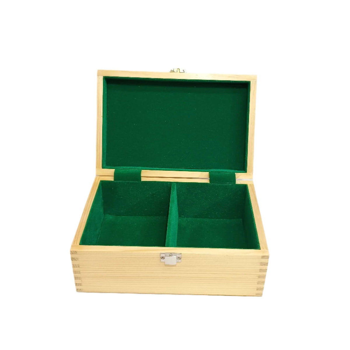 Pine wood chess storage box with velvet interior, featuring two compartments and a hinged lid.