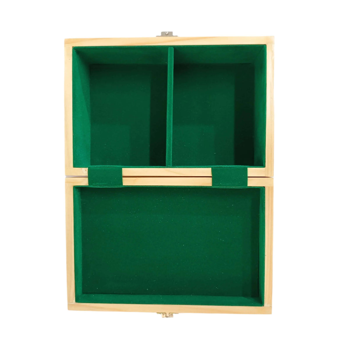 Pine wood chess storage box with green velvet interior, featuring two compartments and a hinged top for easy access.