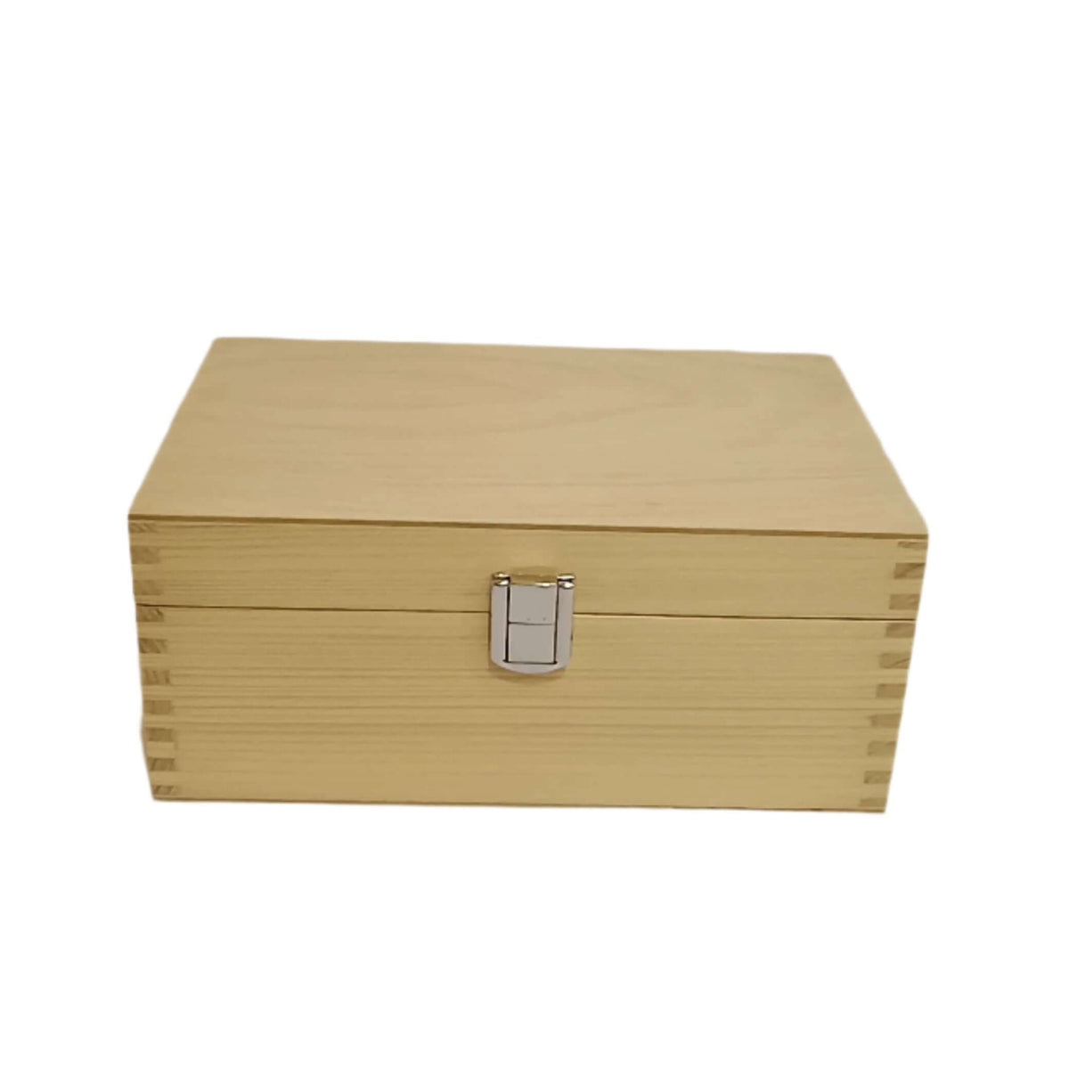Pine wood chess storage box with a silver latch, designed for organizing chess pieces, featuring a smooth natural finish.