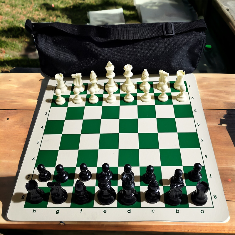 Quality Starter Chess Set Combo - Forest Green Vinyl Board, Pieces, & Carry Bag - Tournament Standard
