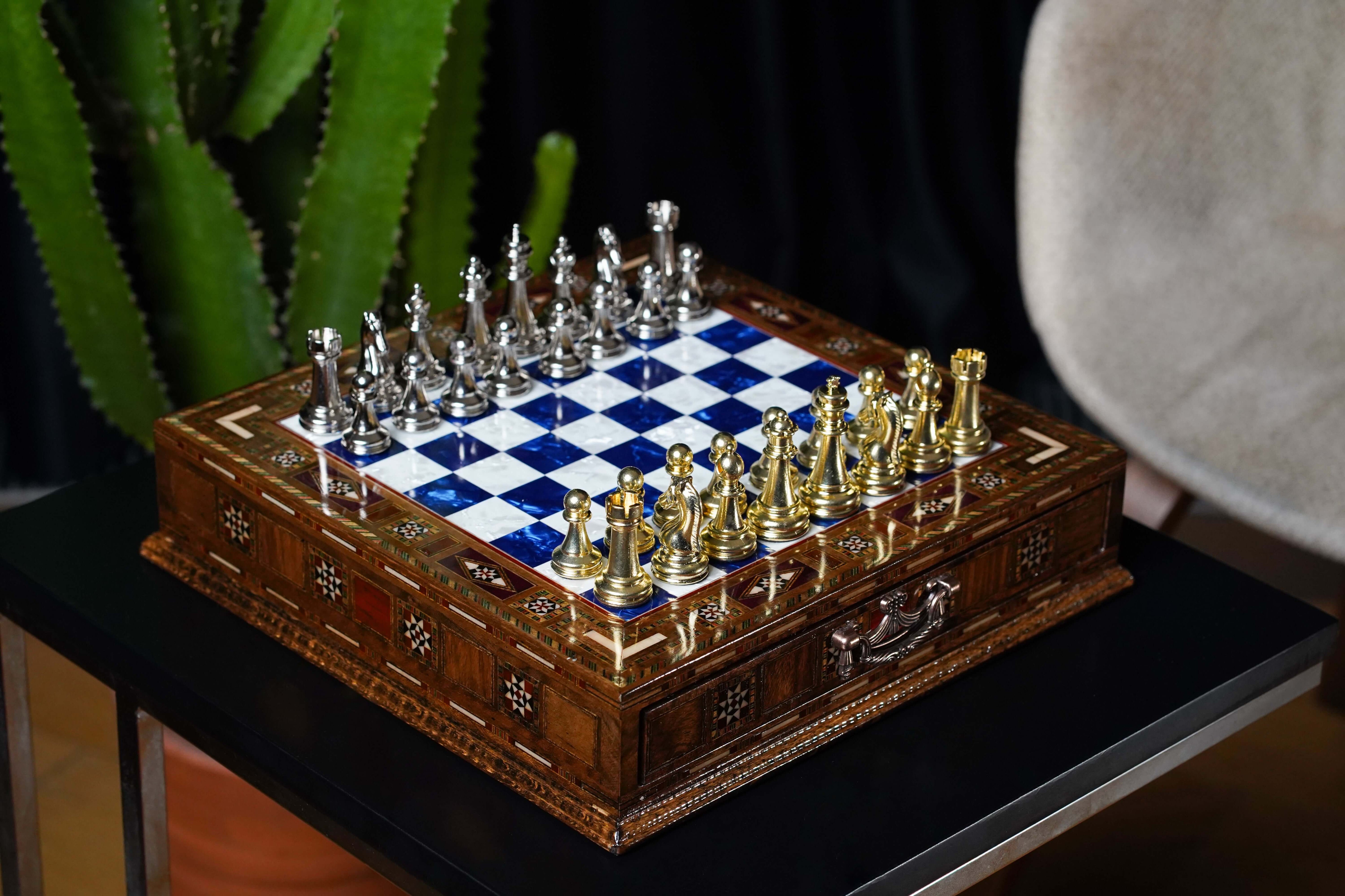 Handmade Luxury Chess Set With Storage Units (Blue)