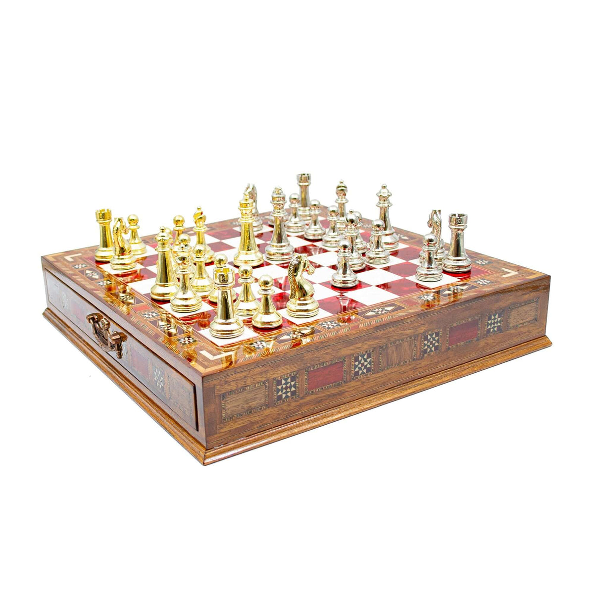 Luxury Wooden Chess Set With Storage Units - Gold And Silver Metal Chess Pieces My Chess Sets