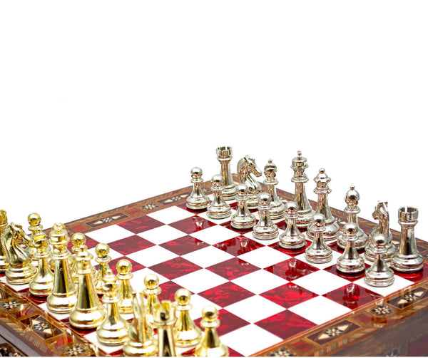 Luxury Wooden Chess Set With Storage Units - Gold And Silver Metal Chess Pieces Luxury Wooden Chess Set With Storage Units - Gold And Silver Metal Chess Pieces