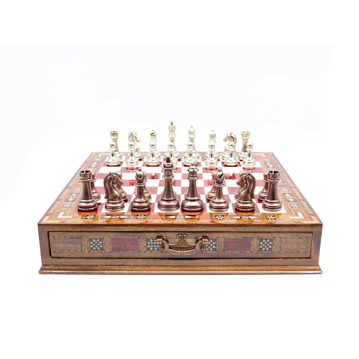 Luxury Wooden Chess Set With Storage Units - Copper And Silver Metal Chess Pieces (Red Chess Board) My Chess Sets