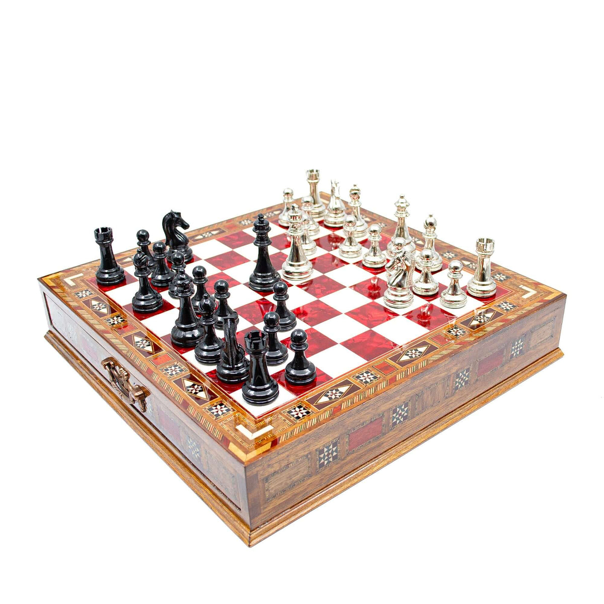 Luxury Wooden Chess Set With Storage Units - Black And Silver Metal Chess Pieces (Red Chess Board) My Chess Sets