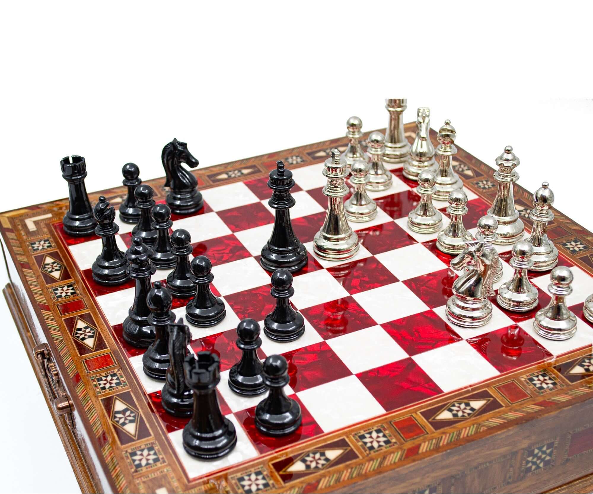 Luxury Wooden Chess Set With Storage Units - Black And Silver Metal Chess Pieces (Red Chess Board) My Chess Sets