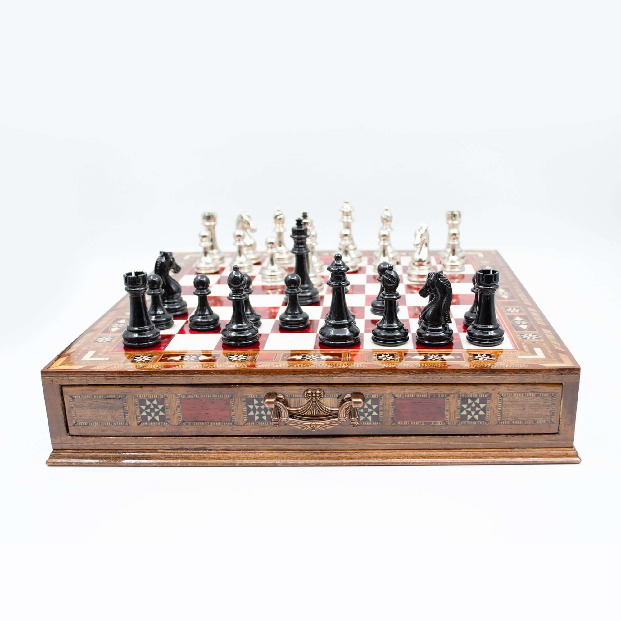 Luxury Wooden Chess Set With Storage Units - Black And Silver Metal Chess Pieces (Red Chess Board) My Chess Sets