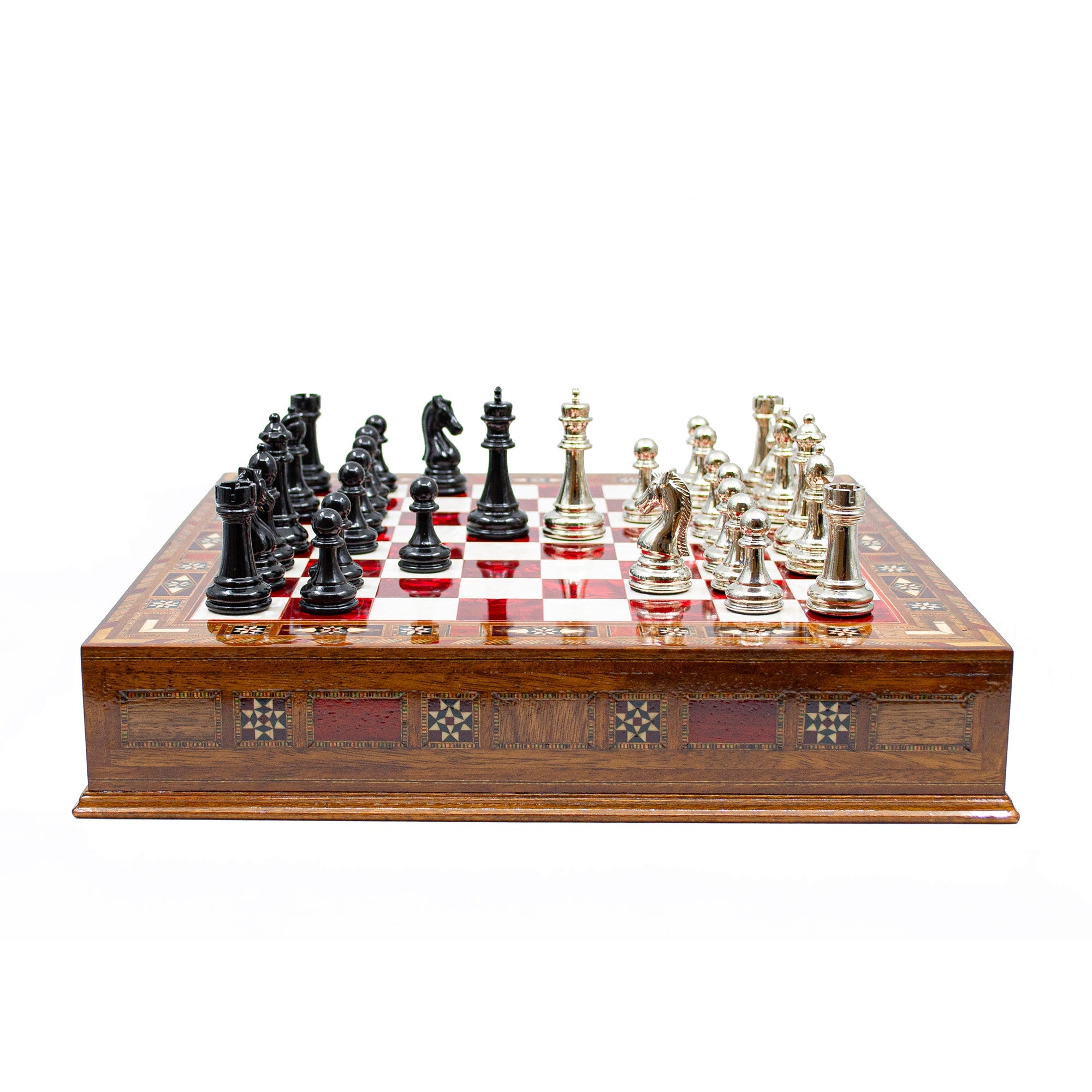 Luxury Wooden Chess Set With Storage Units - Black And Silver Metal Chess Pieces (Red Chess Board) My Chess Sets
