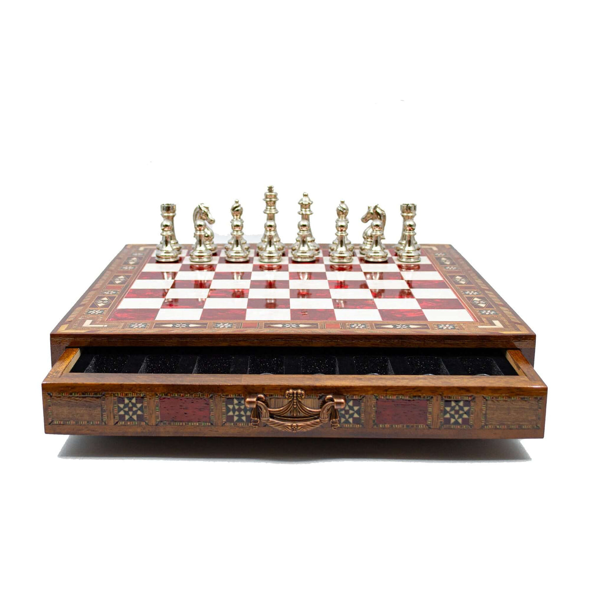 Luxury Wooden Chess Set With Storage Units - Black And Silver Metal Chess Pieces (Red Chess Board) My Chess Sets