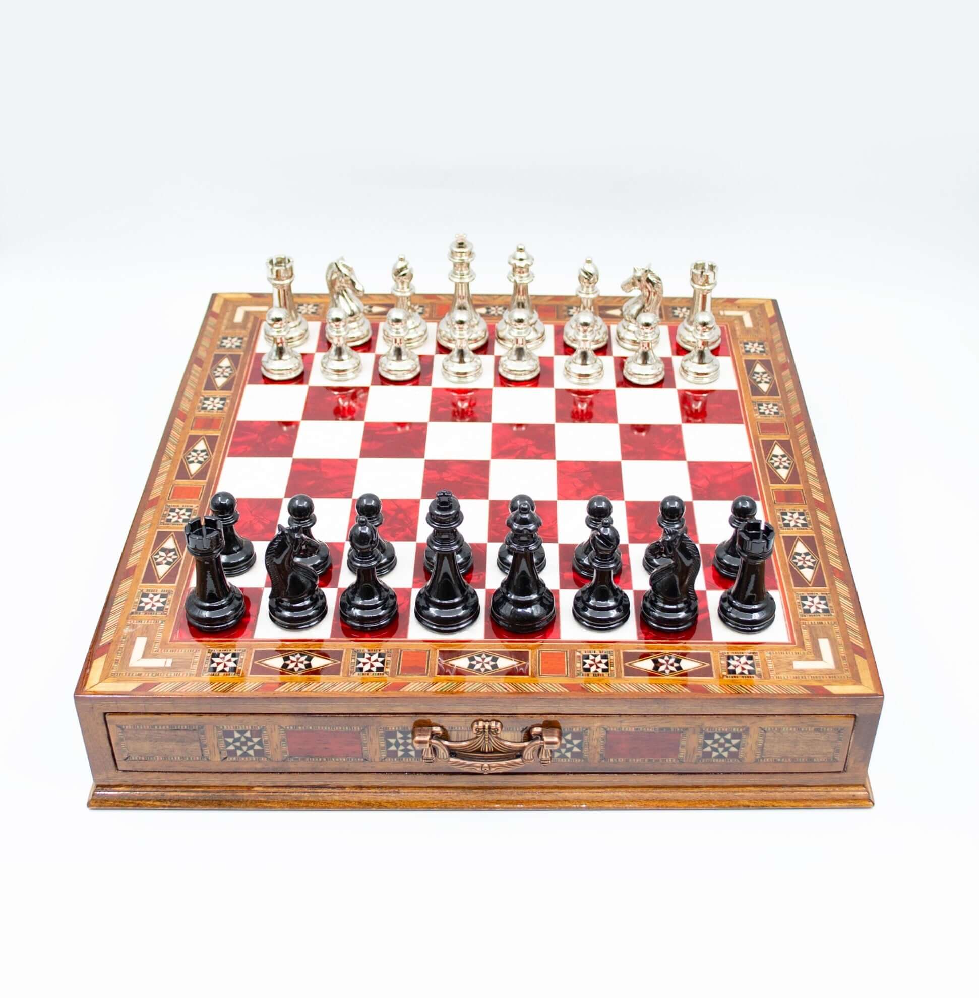 Luxury Wooden Chess Set With Storage Units - Black And Silver Metal Chess Pieces (Red Chess Board) My Chess Sets