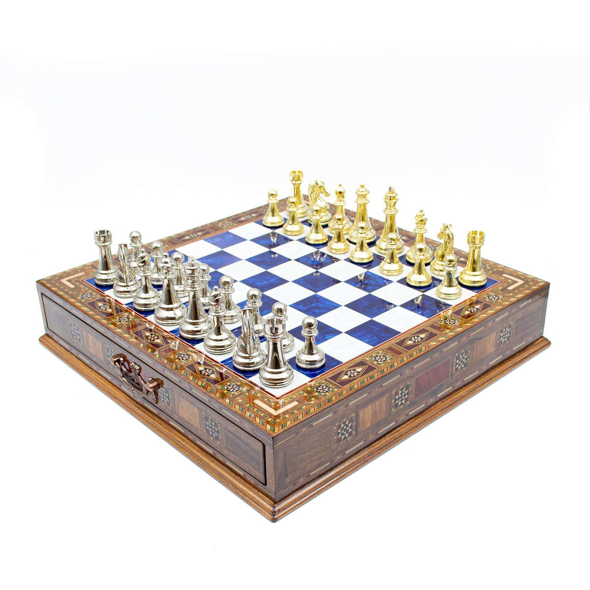Luxury Wooden Chess Set With Storage Units - Gold And Silver Metal Chess Pieces (Blue Chess Board) My Chess Sets
