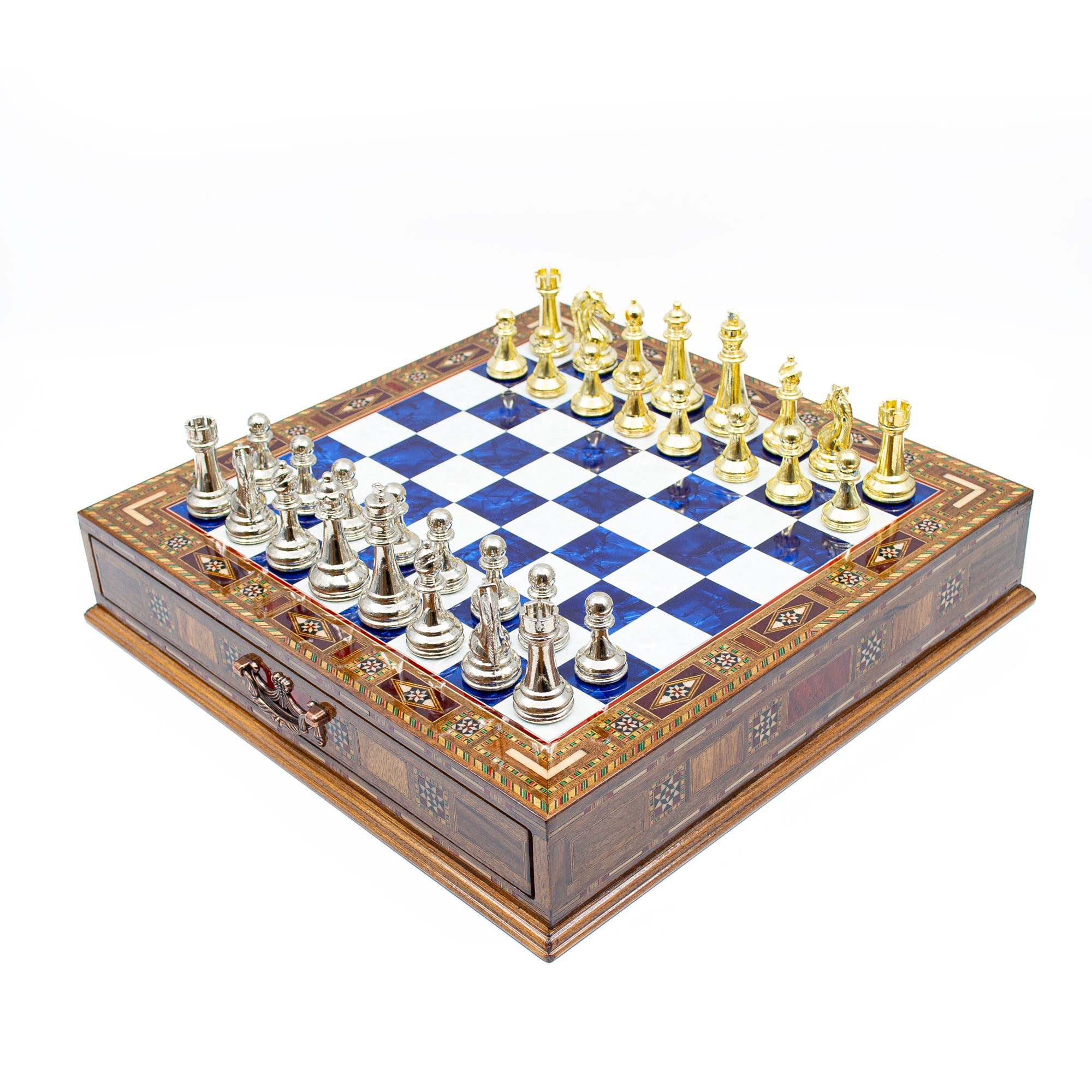 Luxury Wooden Chess Set With Storage Units - Gold And Silver Metal Chess Pieces (Blue Chess Board) My Chess Sets