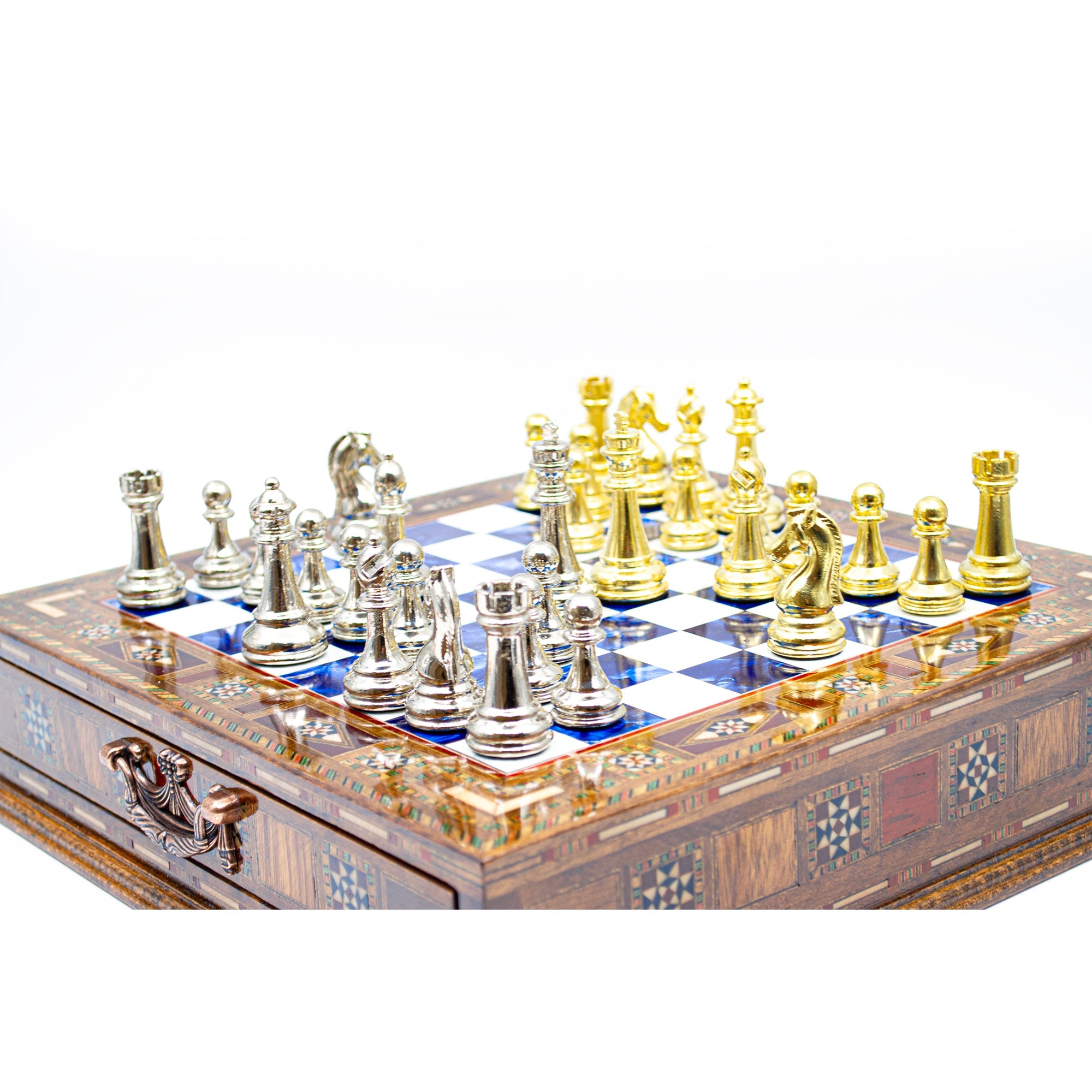 Luxury Wooden Chess Set With Storage Units - Gold And Silver Metal Chess Pieces (Blue Chess Board) My Chess Sets