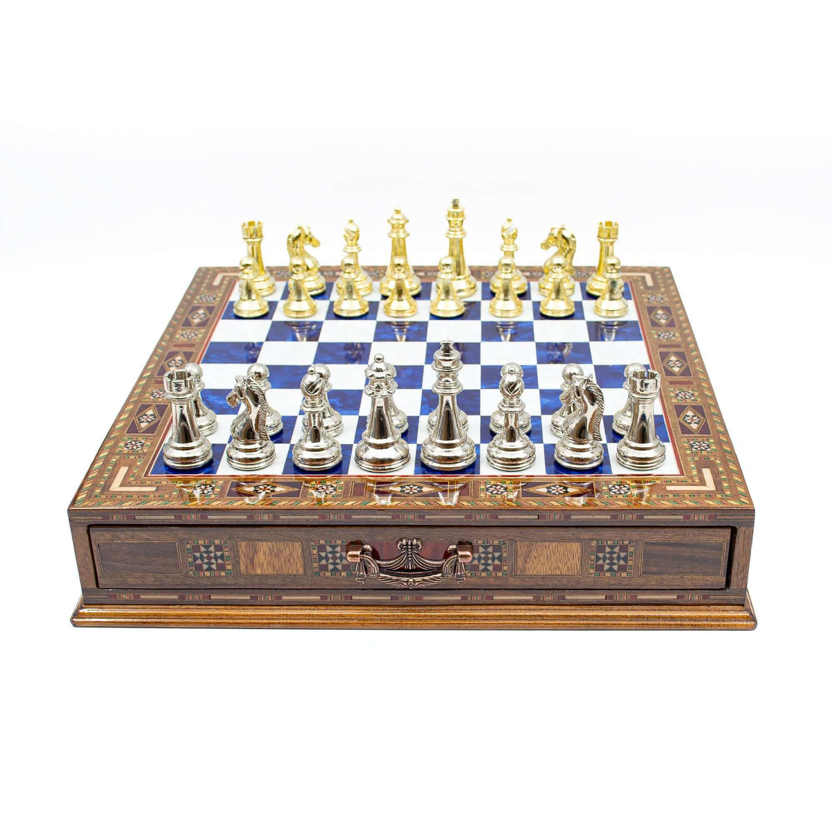 Luxury Wooden Chess Set With Storage Units - Gold And Silver Metal Chess Pieces (Blue Chess Board) My Chess Sets