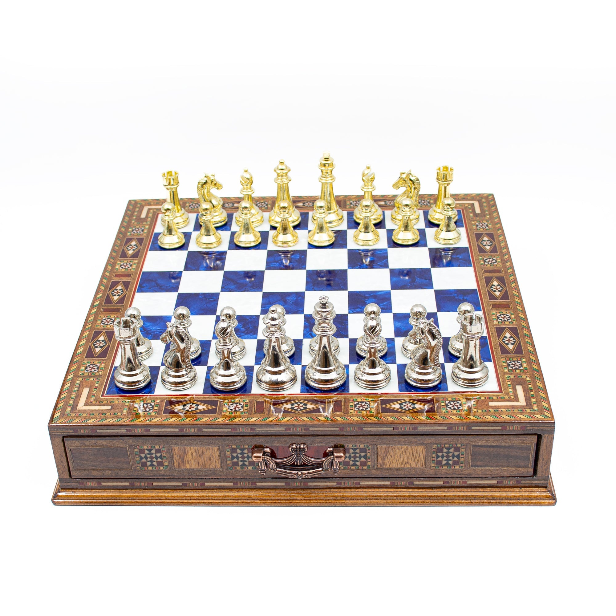 Luxury Wooden Chess Set With Storage Units - Gold And Silver Metal Chess Pieces (Blue Chess Board) My Chess Sets