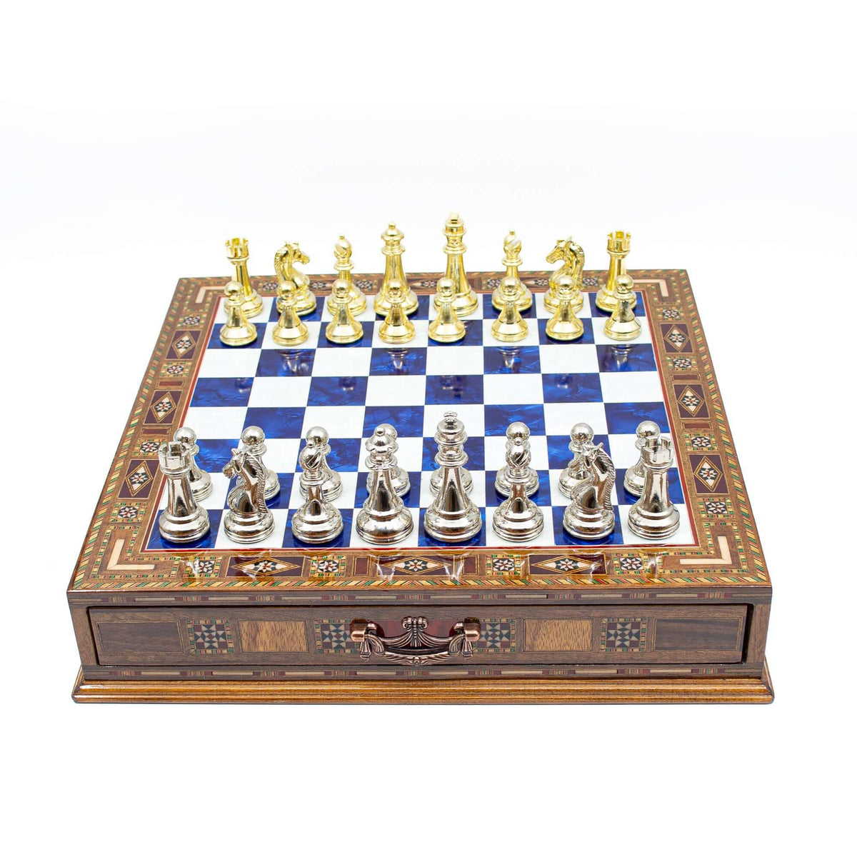Luxury Wooden Chess Set With Storage Units - Gold And Silver Metal Chess Pieces (Blue Chess Board) My Chess Sets