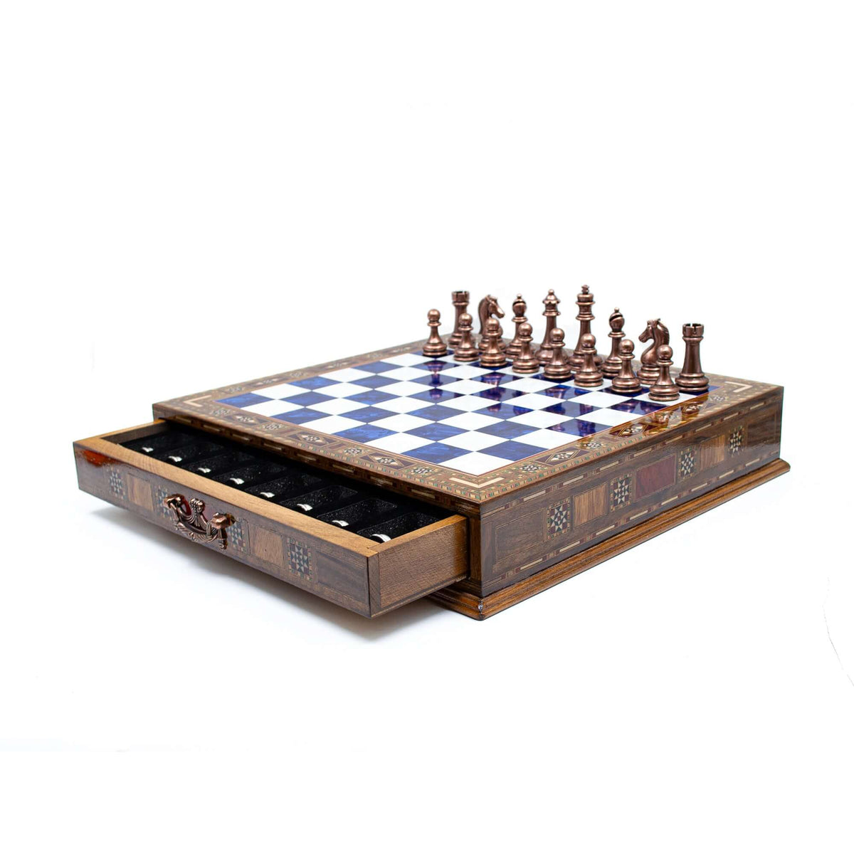 Luxury Wooden Chess Set With Storage Units - Copper And Silver Metal Chess Pieces (Blue Chess Board) - My Chess Sets
