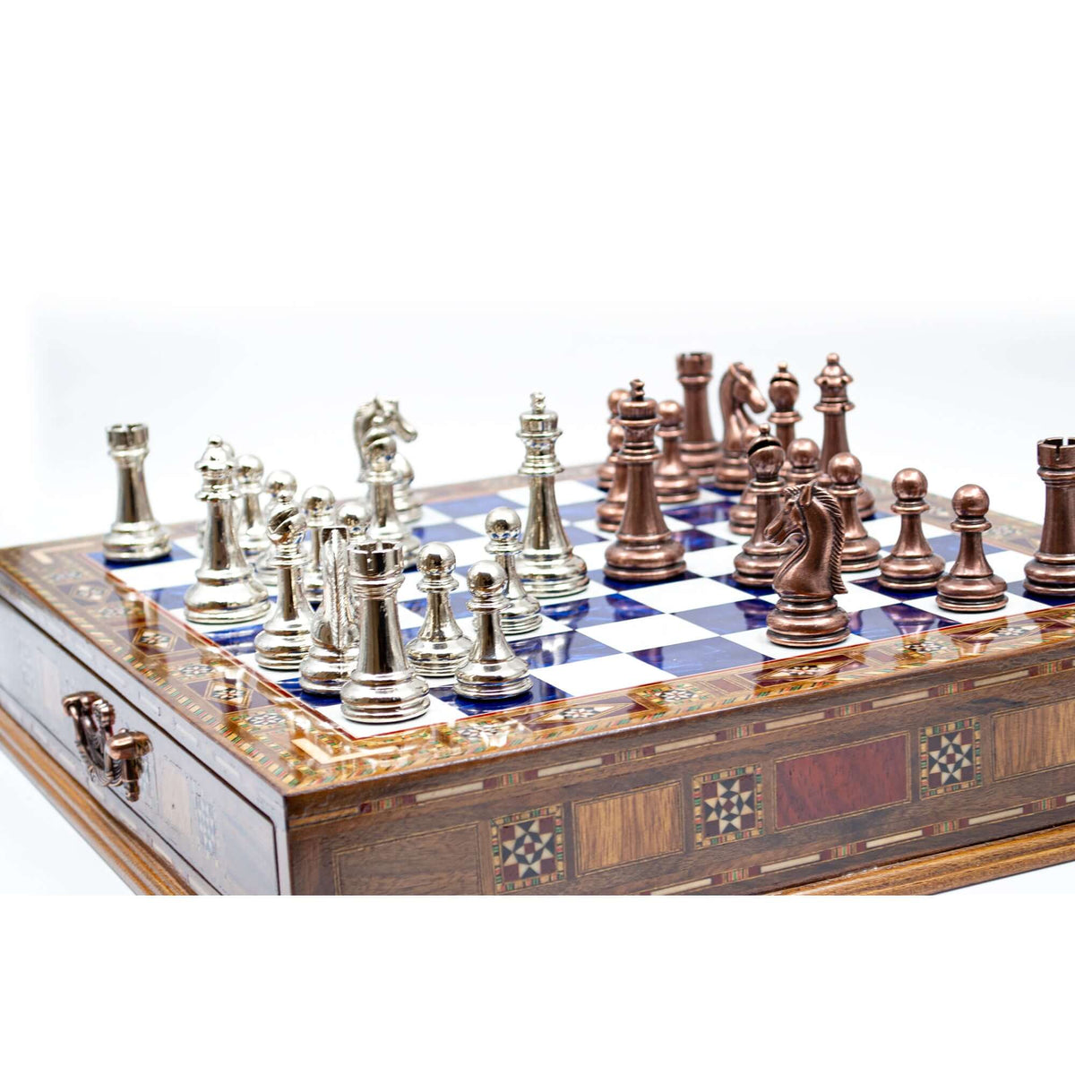 Luxury Wooden Chess Set With Storage Units - Copper And Silver Metal Chess Pieces (Blue Chess Board) - My Chess Sets