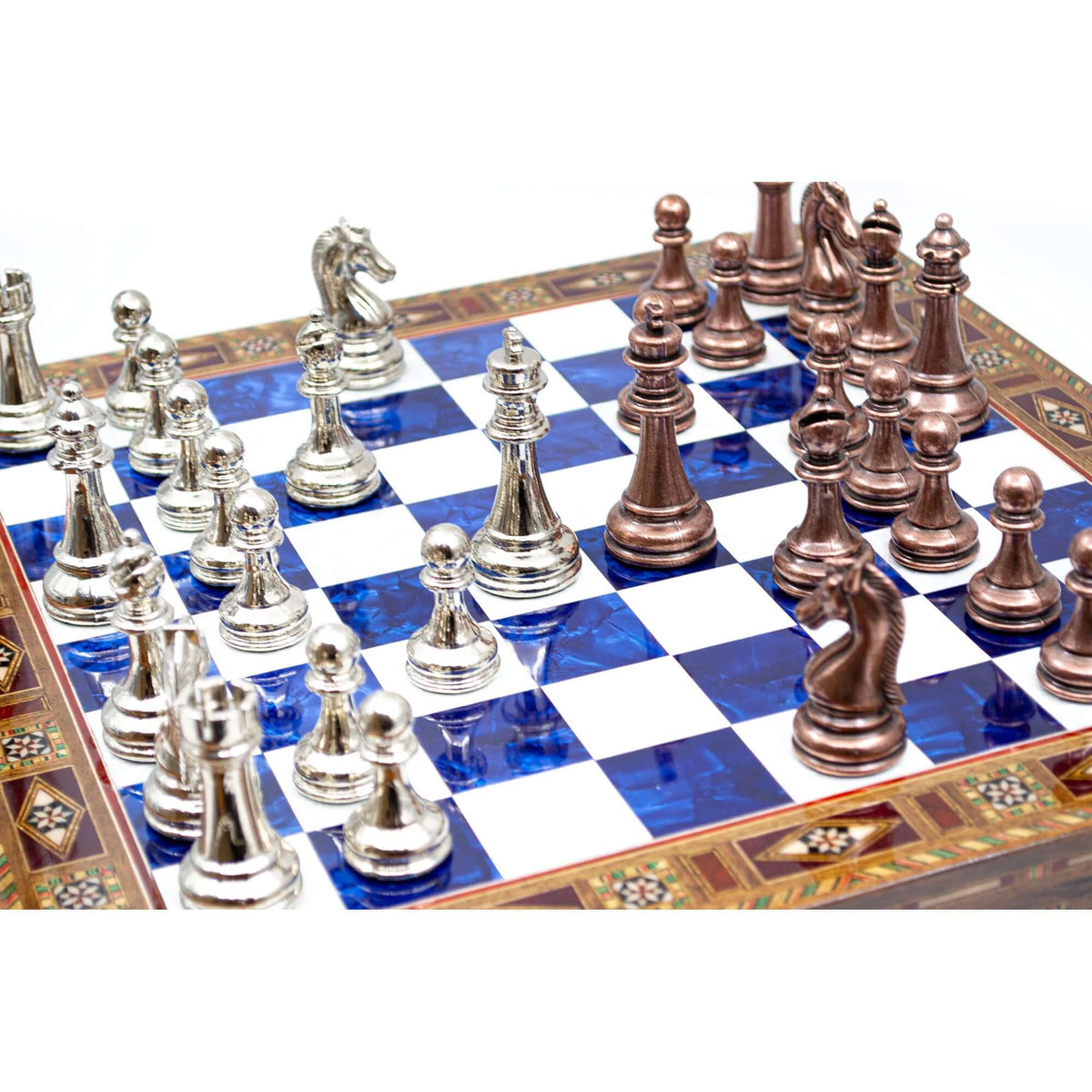 Luxury Wooden Chess Set With Storage Units - Copper And Silver Metal Chess Pieces (Blue Chess Board) - My Chess Sets