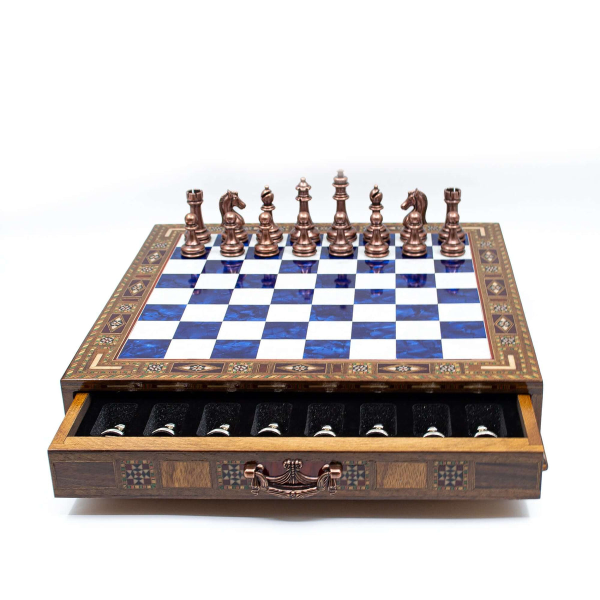 Luxury Wooden Chess Set With Storage Units - Copper And Silver Metal Chess Pieces (Blue Chess Board) - My Chess Sets