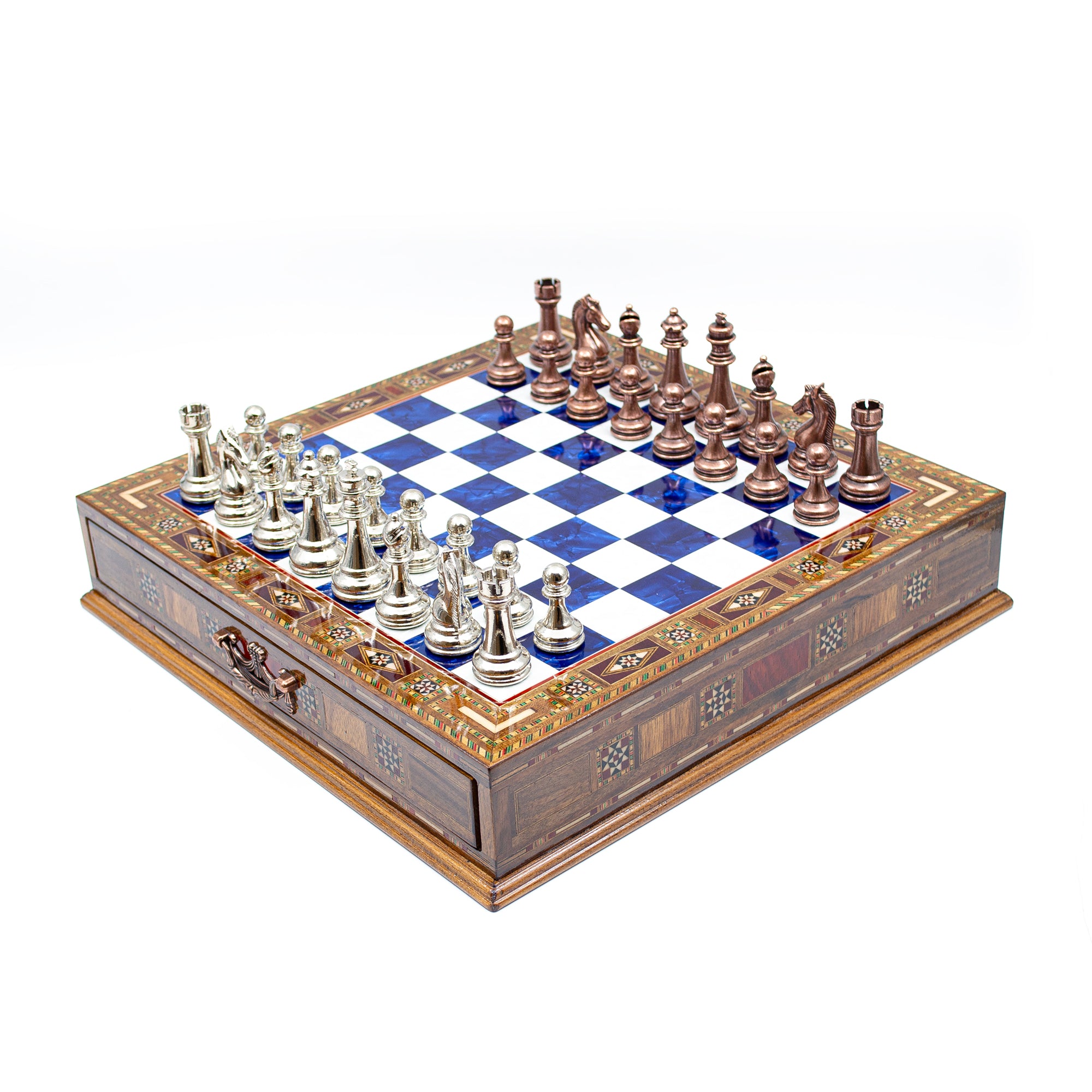 Luxury Wooden Chess Set With Storage Units - Copper And Silver Metal Chess Pieces (Blue Chess Board) - My Chess Sets