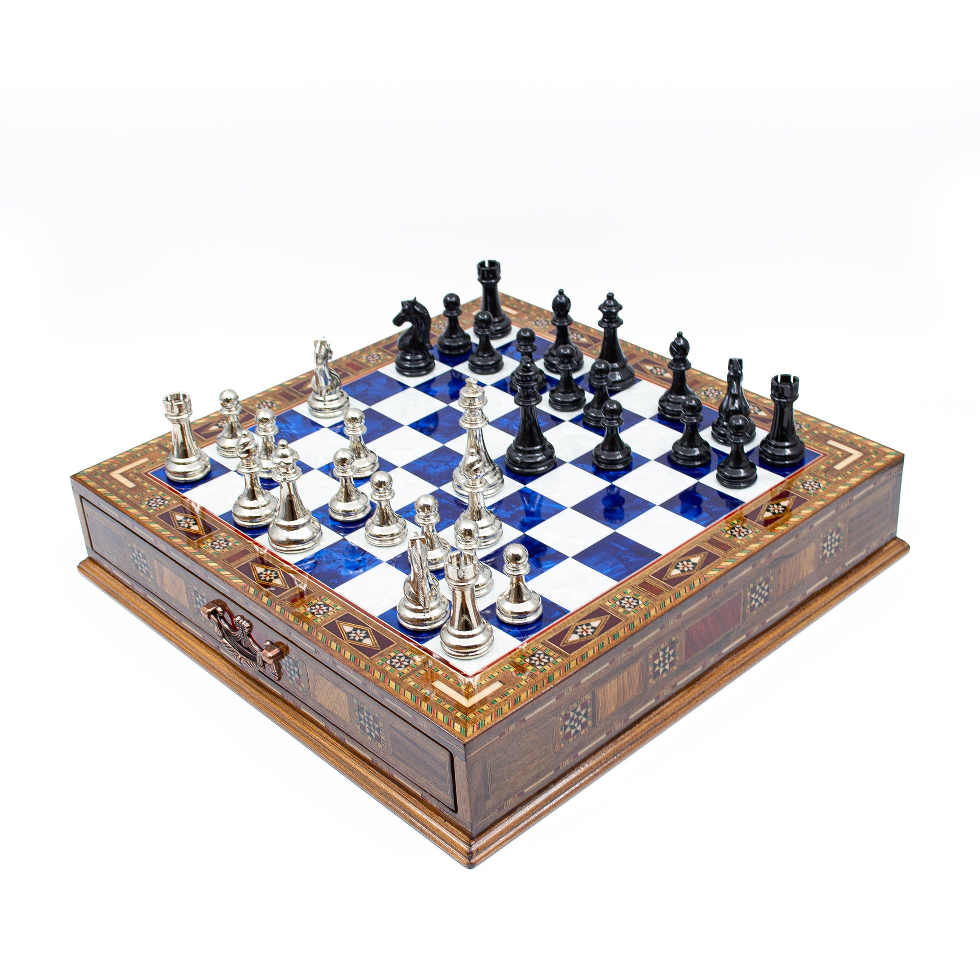 Luxury Wooden Chess Set With Storage Units - Black And Silver Metal Chess Pieces (Blue Chess Board) - My Chess Sets
