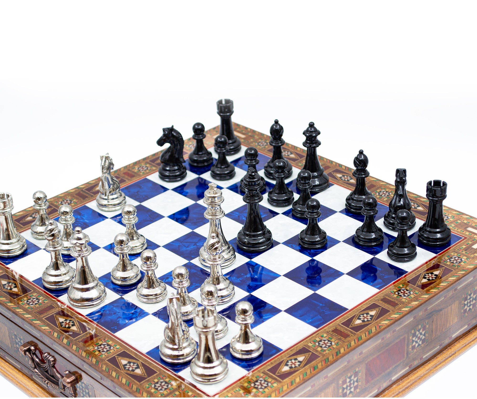 Luxury Wooden Chess Set With Storage Units - Black And Silver Metal Chess Pieces (Blue Chess Board) - My Chess Sets