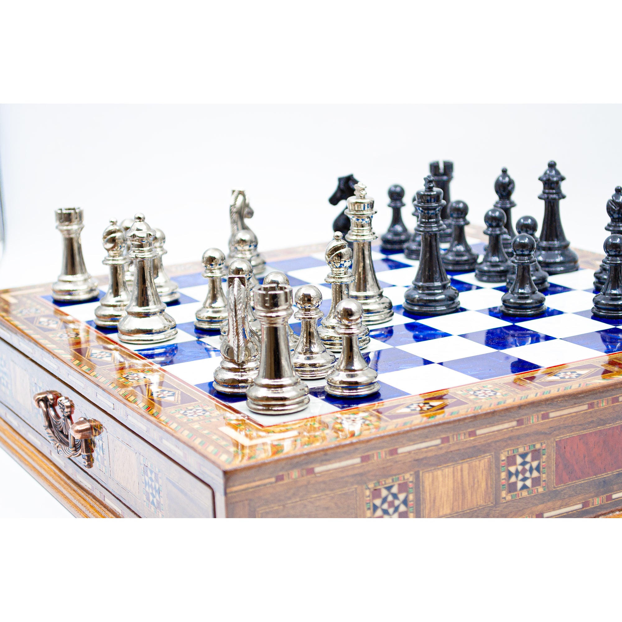 Luxury Wooden Chess Set With Storage Units - Black And Silver Metal Chess Pieces (Blue Chess Board) - My Chess Sets