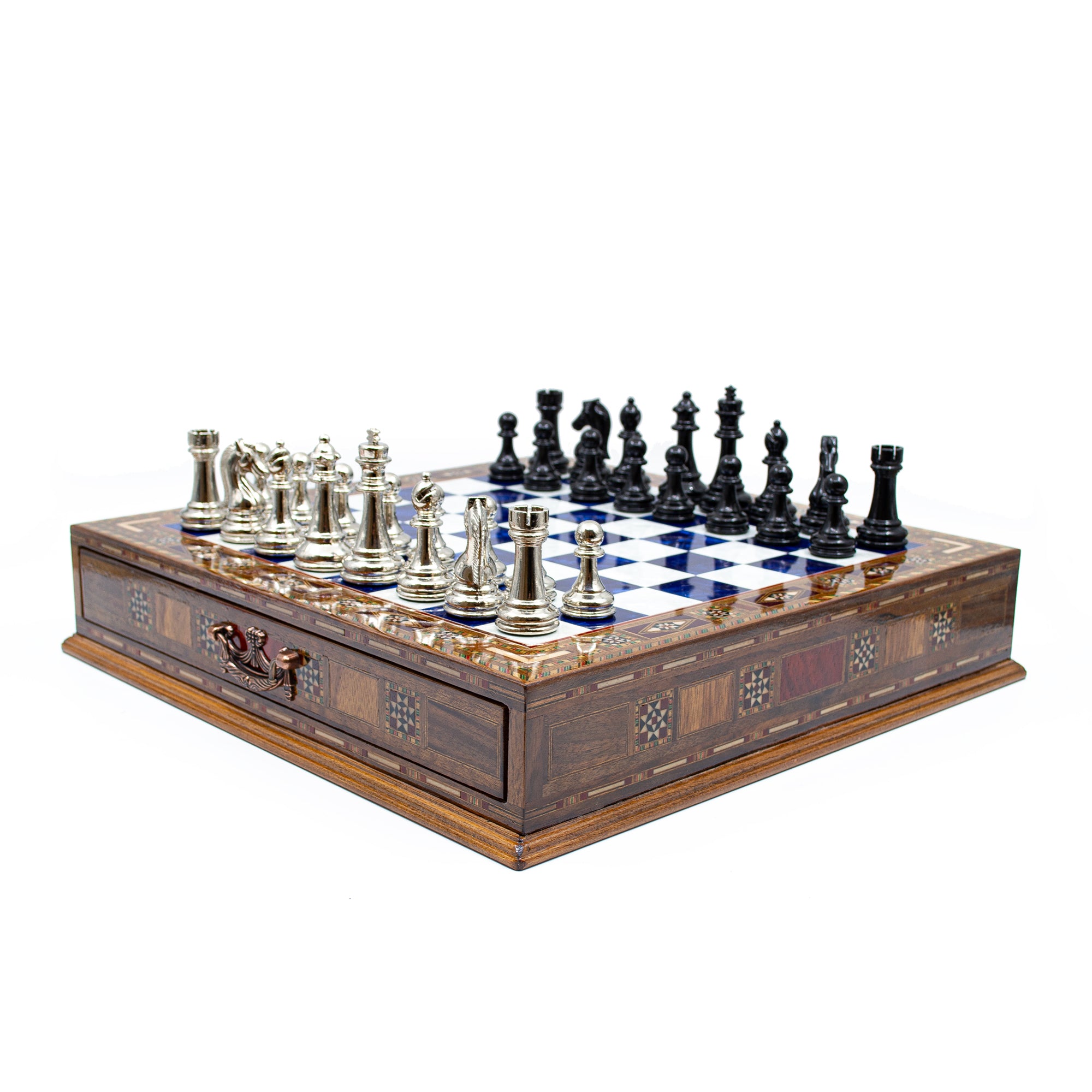 Luxury Wooden Chess Set With Storage Units - Black And Silver Metal Chess Pieces (Blue Chess Board) - My Chess Sets