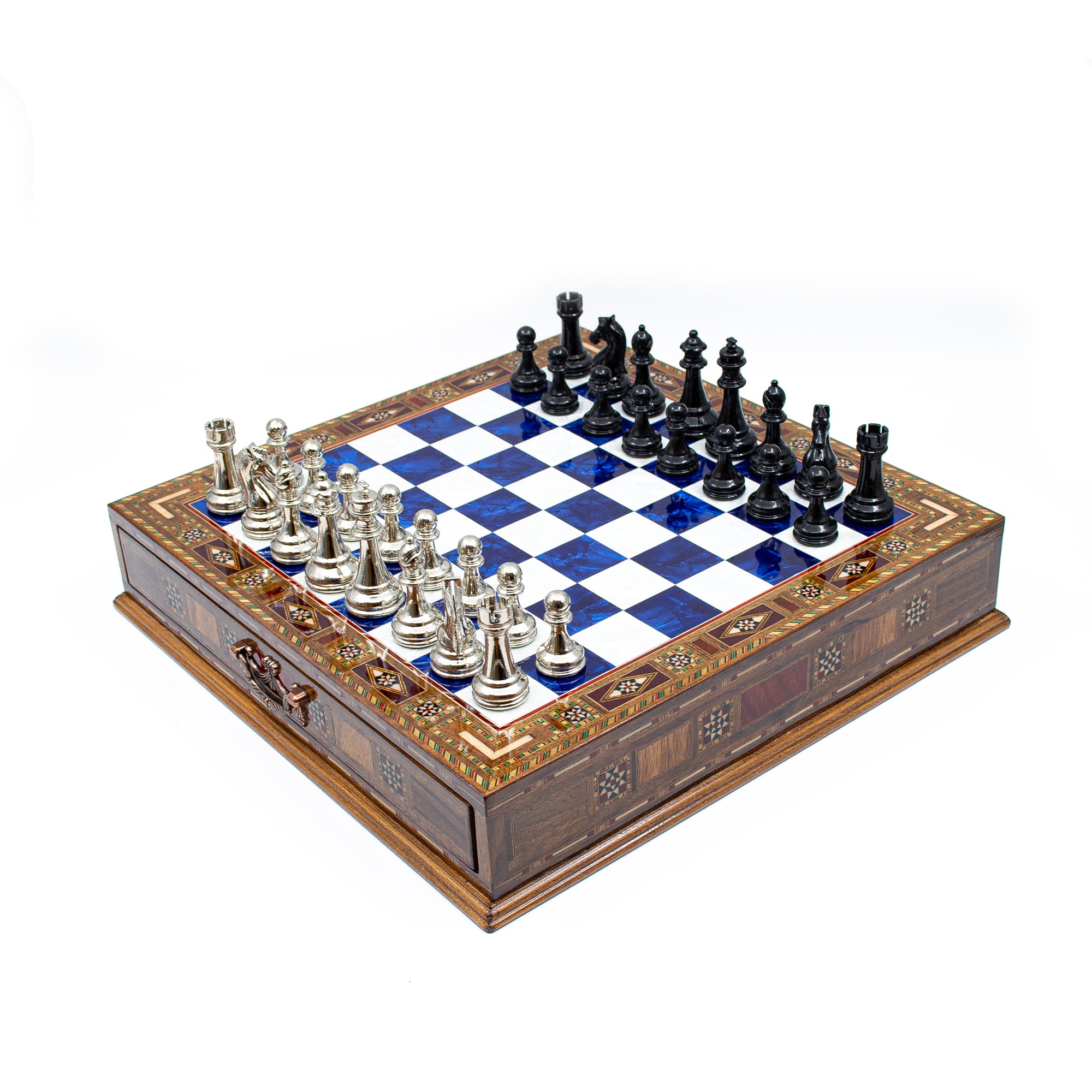 Luxury Wooden Chess Set With Storage Units - Black And Silver Metal Chess Pieces (Blue Chess Board) - My Chess Sets