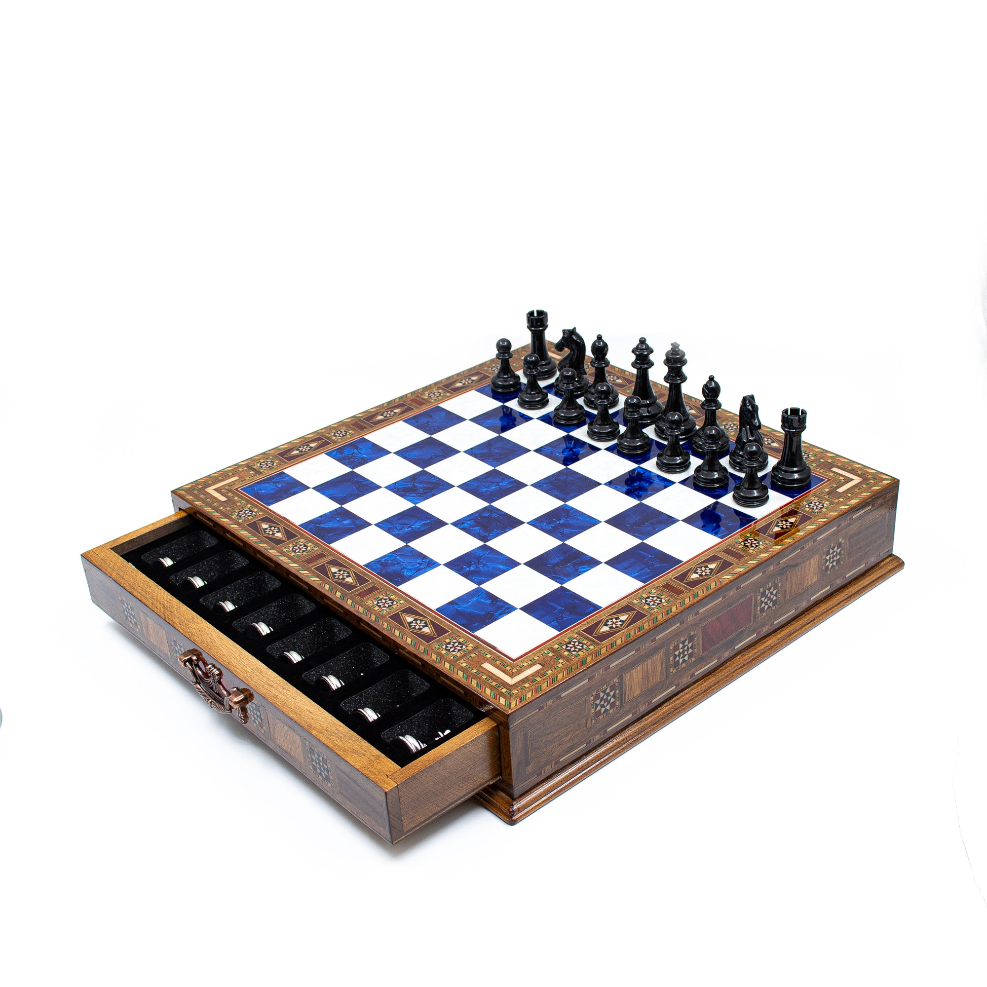 Luxury Wooden Chess Set With Storage Units - Black And Silver Metal Chess Pieces (Blue Chess Board) - My Chess Sets