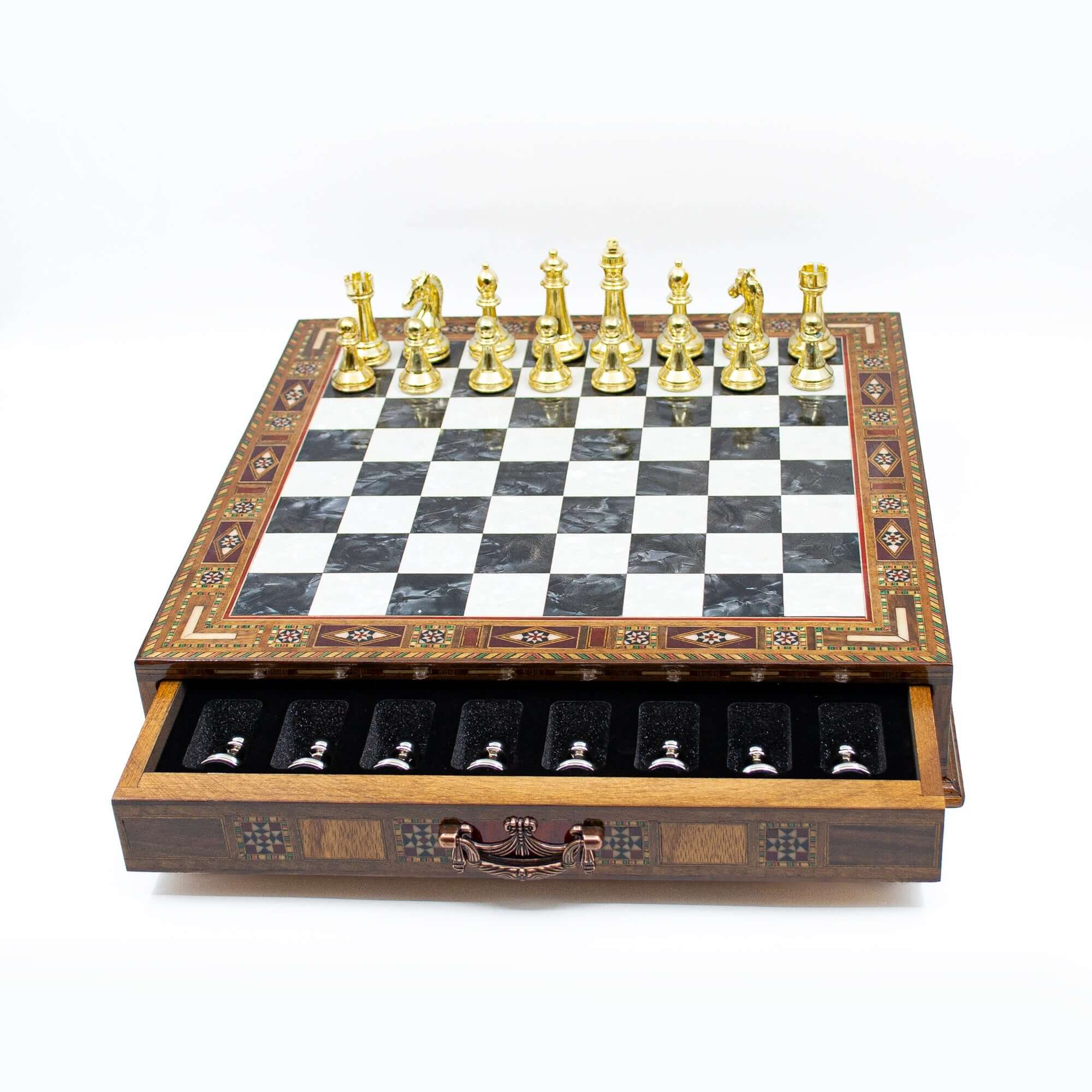 Luxury Wooden Chess Set With Storage Units - Gold And Silver Metal Chess Pieces (Black Chess Board) My Chess Sets
