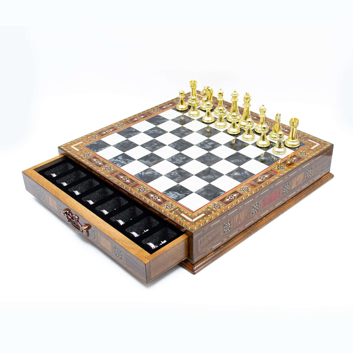 Luxury Wooden Chess Set With Storage Units - Gold And Silver Metal Chess Pieces (Black Chess Board) My Chess Sets