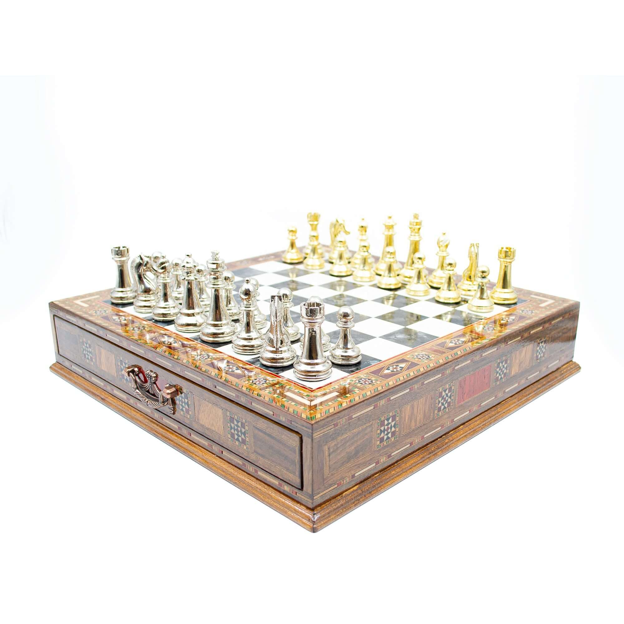 Luxury Wooden Chess Set With Storage Units - Gold And Silver Metal Chess Pieces (Black Chess Board) My Chess Sets
