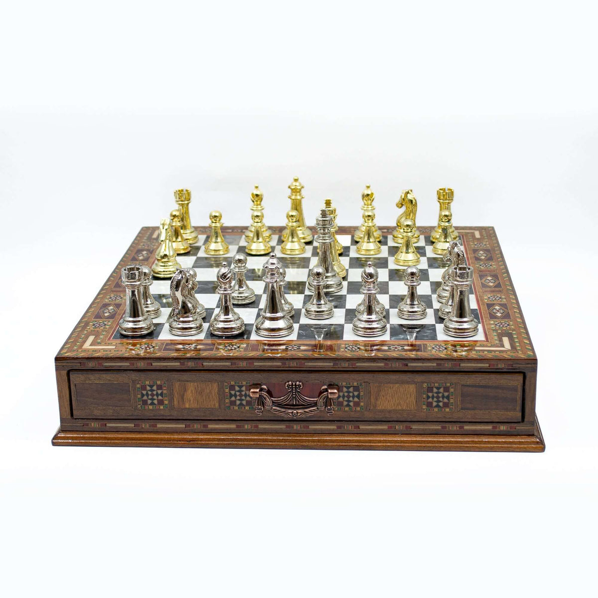 Luxury Wooden Chess Set With Storage Units - Gold And Silver Metal Chess Pieces (Black Chess Board) My Chess Sets