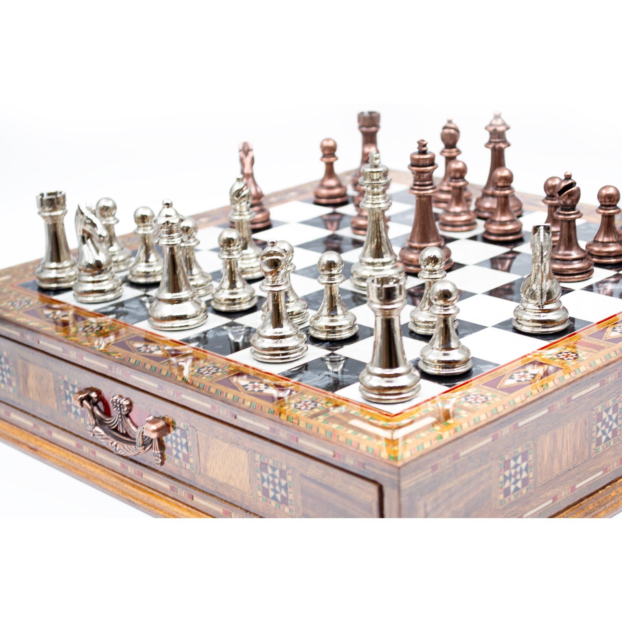 Luxury Wooden Chess Set With Storage Units - Copper And Silver Metal Chess Pieces (Black Chess Board) - My Chess Sets