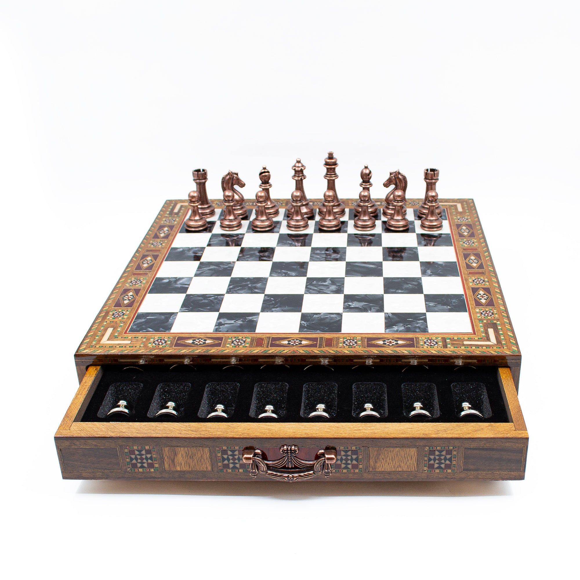 Luxury Wooden Chess Set With Storage Units - Copper And Silver Metal Chess Pieces (Black Chess Board) - My Chess Sets
