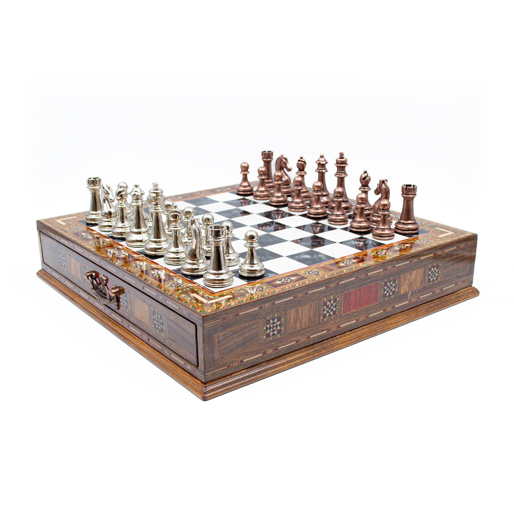 Luxury Wooden Chess Set With Storage Units - Copper And Silver Metal Chess Pieces (Black Chess Board) - My Chess Sets