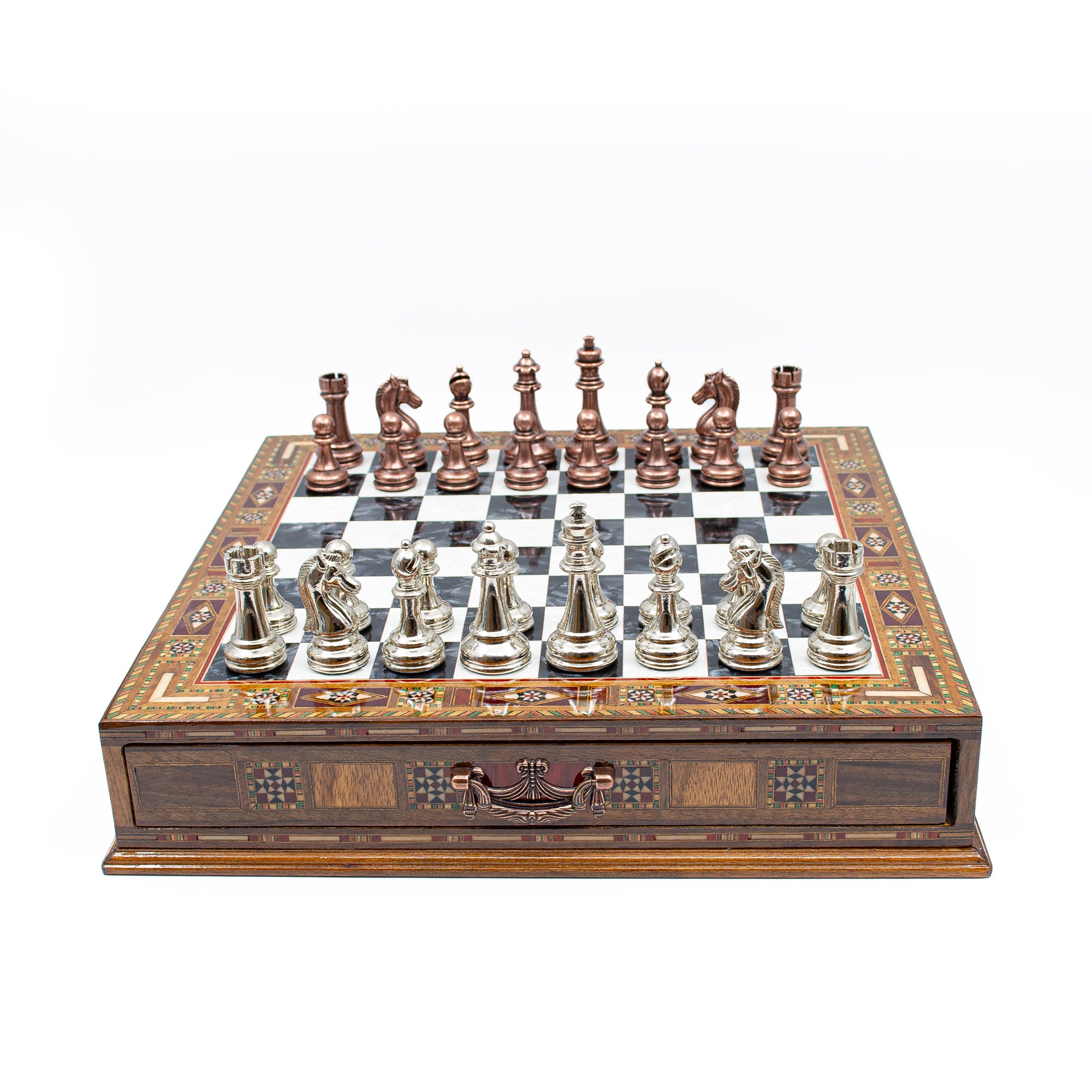 Luxury Wooden Chess Set With Storage Units - Copper And Silver Metal Chess Pieces (Black Chess Board) - My Chess Sets