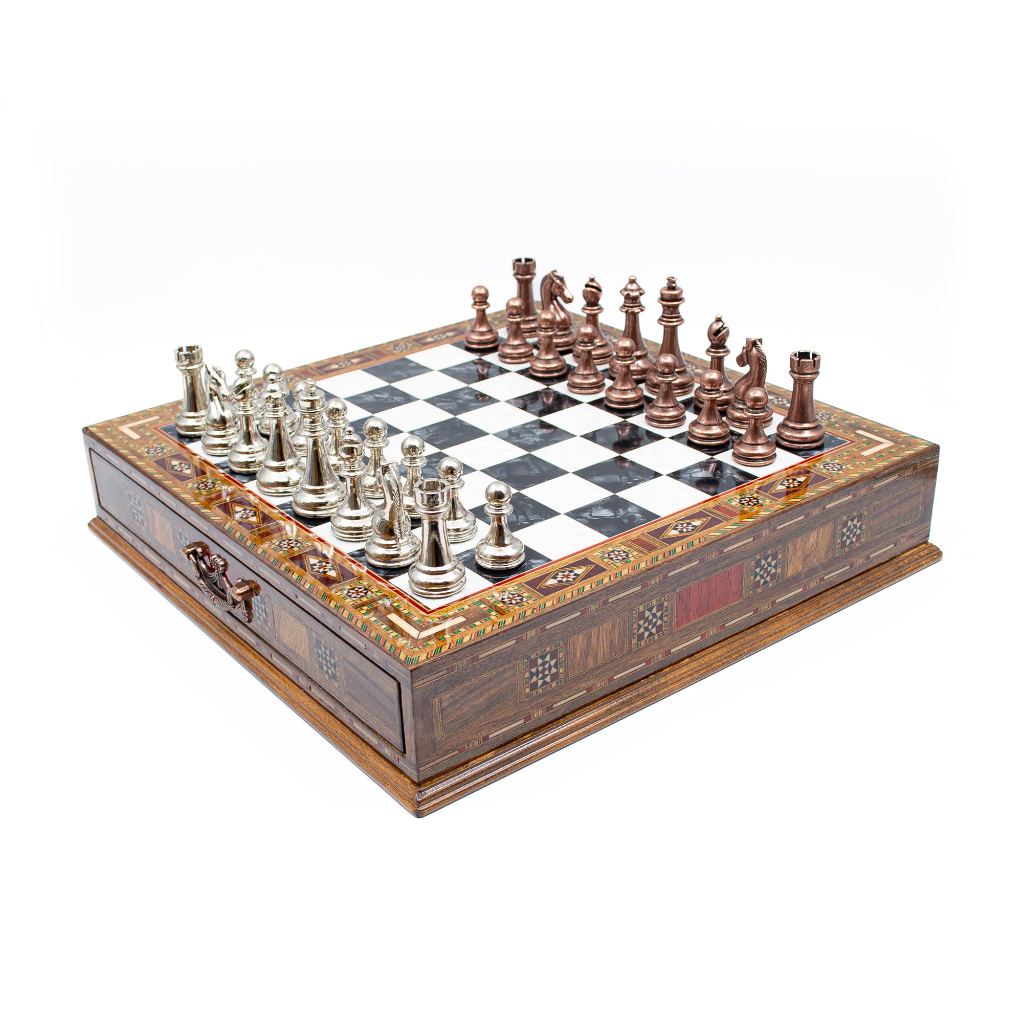 Luxury Wooden Chess Set With Storage Units - Copper And Silver Metal Chess Pieces (Black Chess Board) - My Chess Sets
