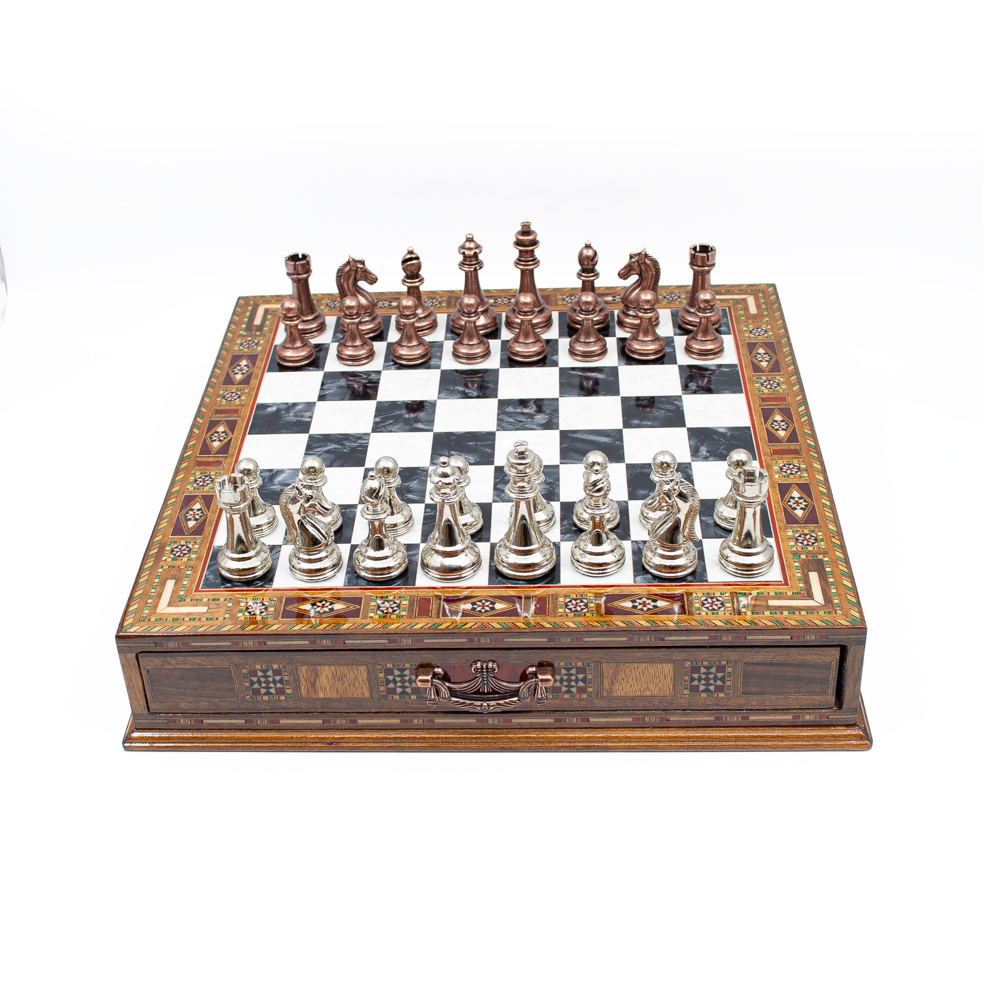 Luxury Wooden Chess Set With Storage Units - Copper And Silver Metal Chess Pieces (Black Chess Board) - My Chess Sets