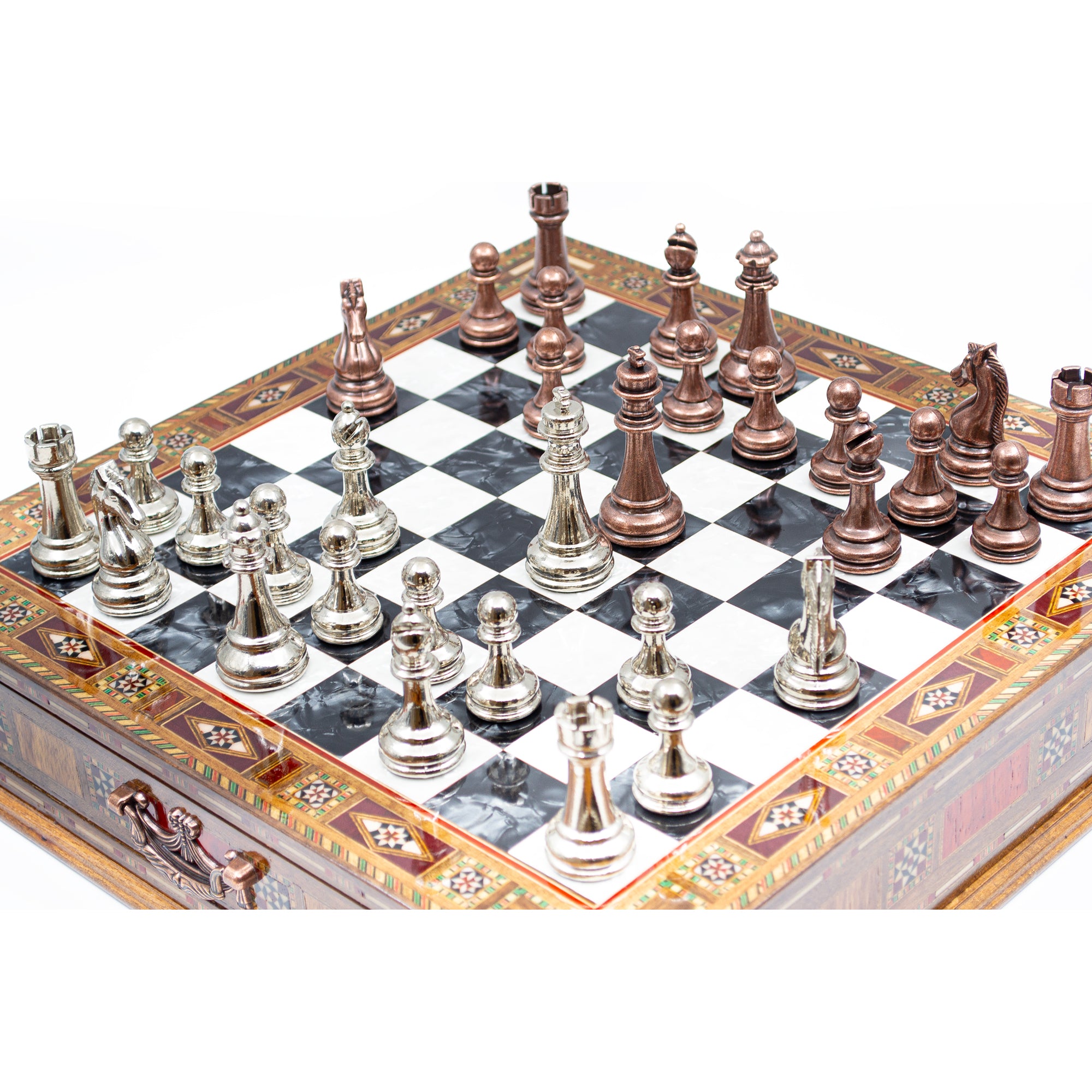 Luxury Wooden Chess Set With Storage Units - Copper And Silver Metal Chess Pieces (Black Chess Board) - My Chess Sets