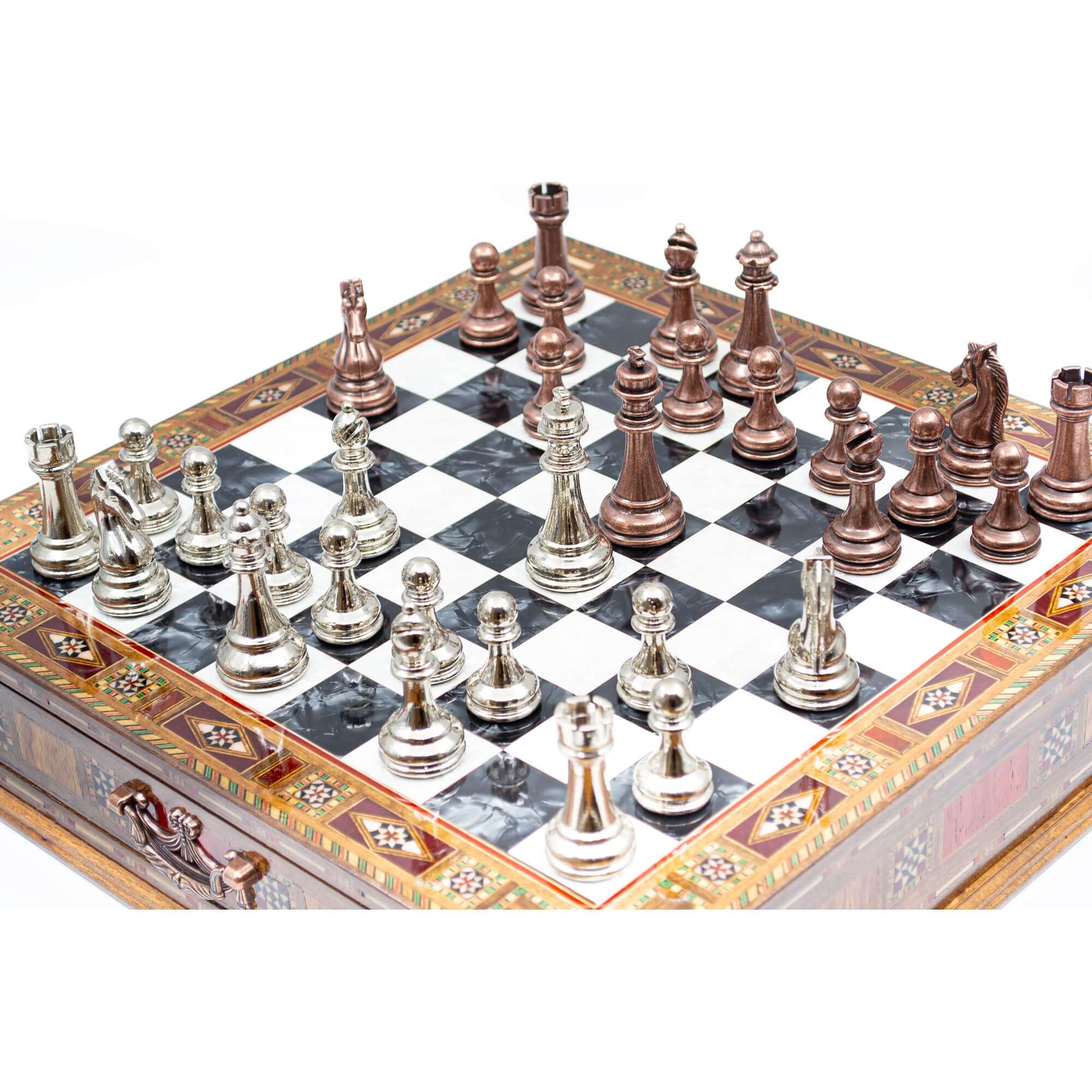 Luxury Wooden Chess Set With Storage Units - Copper And Silver Metal Chess Pieces (Black Chess Board) - My Chess Sets