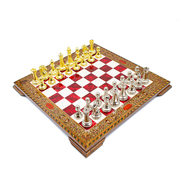 Luxury Mosaic Wooden Vintage Chess Set With Metal Chess Pieces Luxury Mosaic Wooden Vintage Chess Set With Metal Chess Pieces