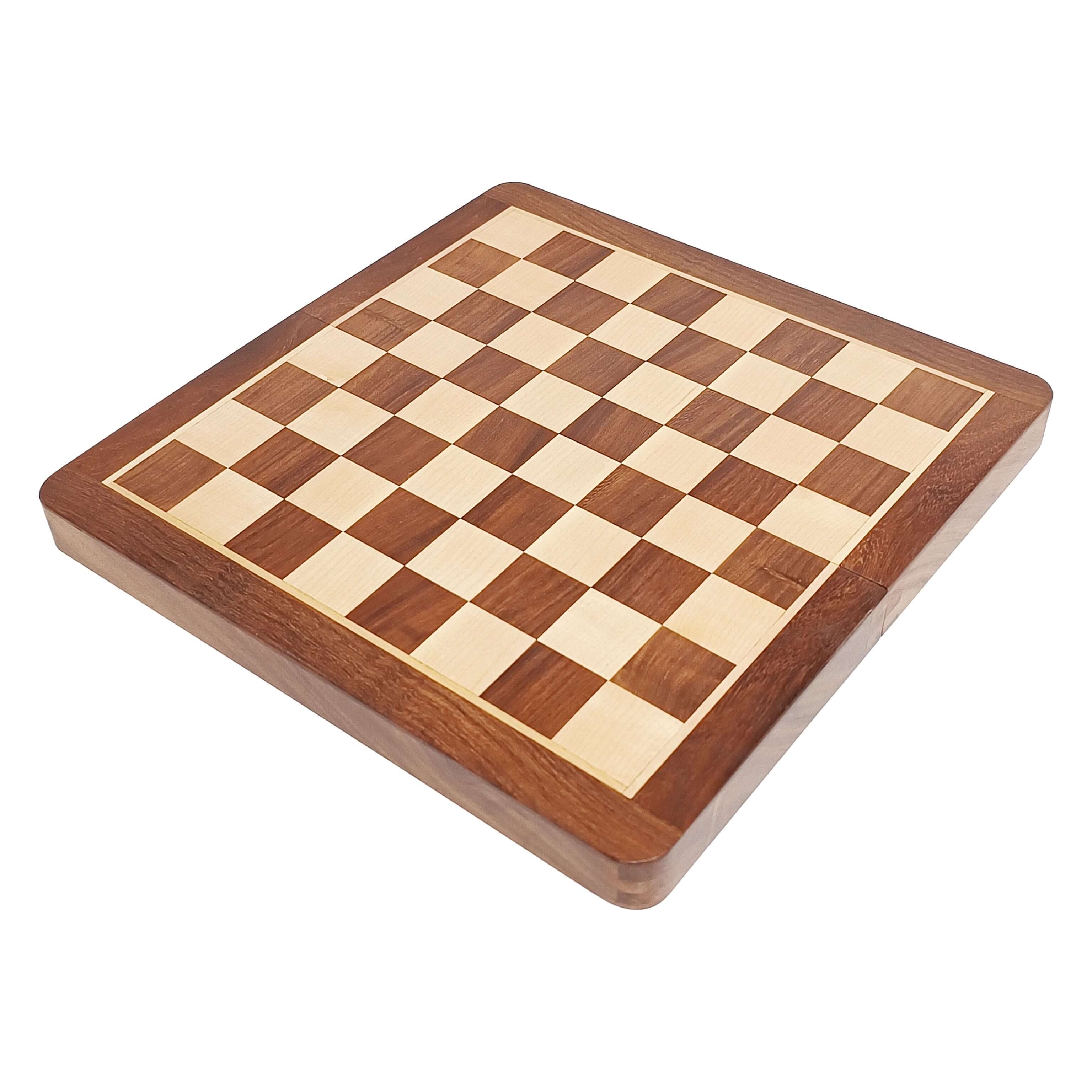 Magnetic travel chess set board in golden rosewood and maple, showing a classic checkered pattern.