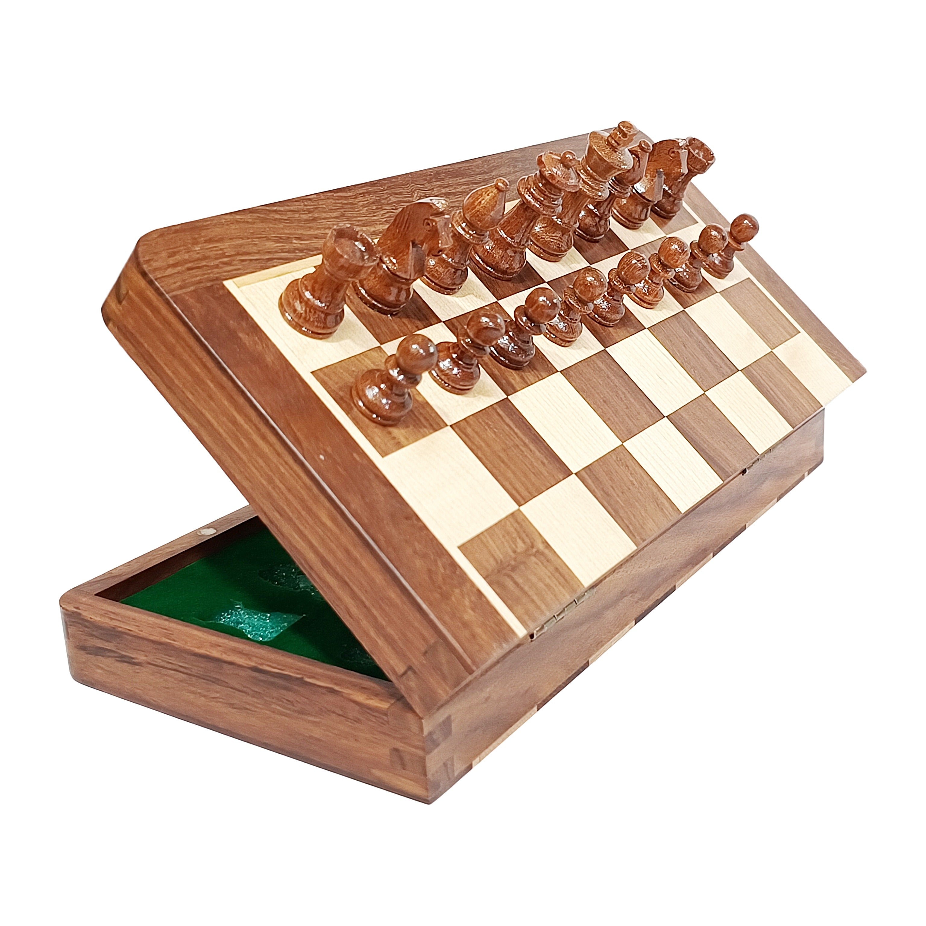 Magnetic travel chess set showing golden rosewood and maple folding board with pieces in opened box.
