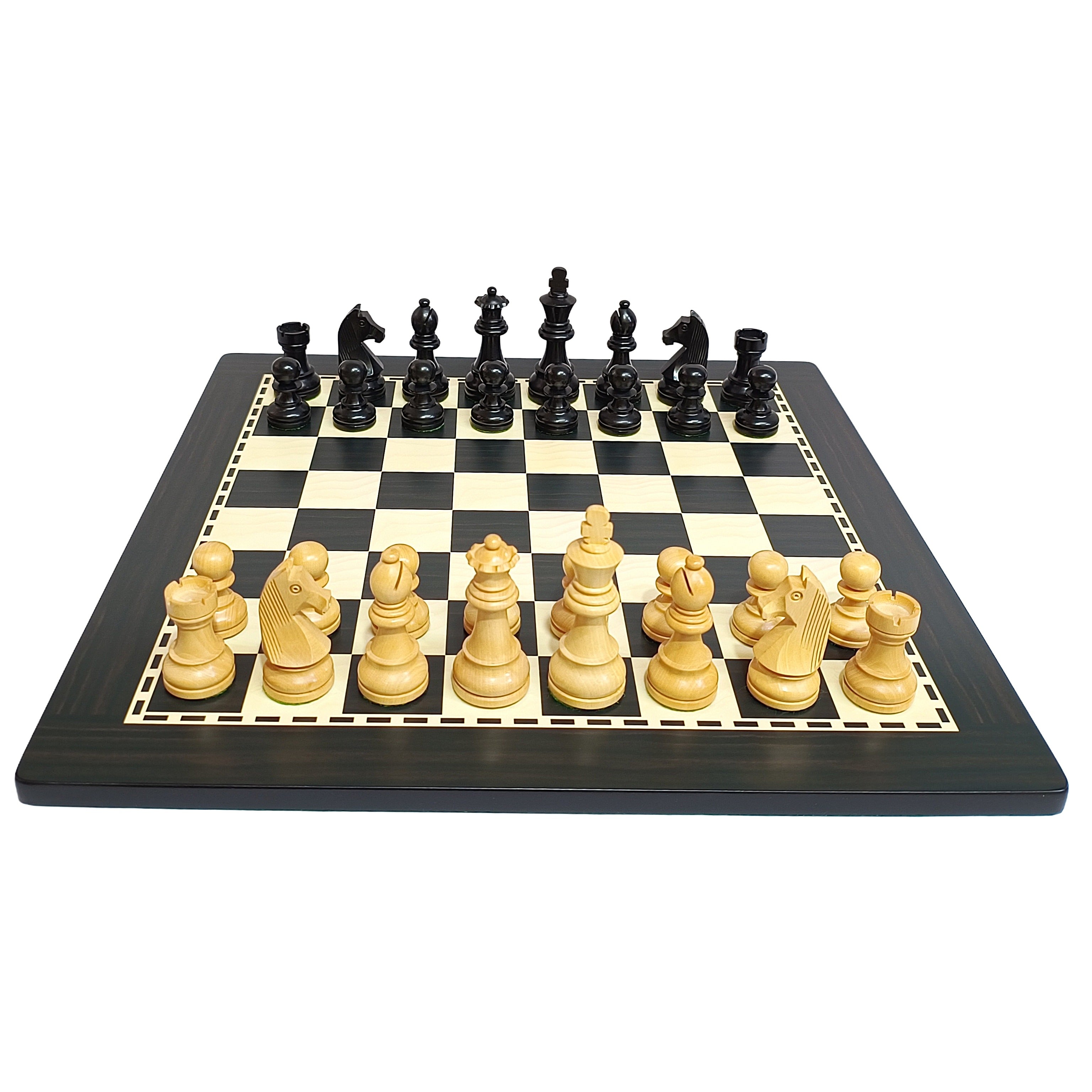 Classic Staunton wooden chess set with ebonized and natural boxwood pieces on a black and white MDF board.